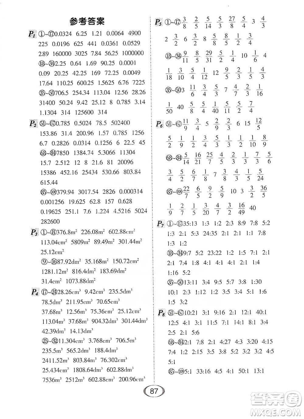 河北少年兒童出版社2021每天100道口算題卡口算+專項(xiàng)六年級下冊北師大版參考答案