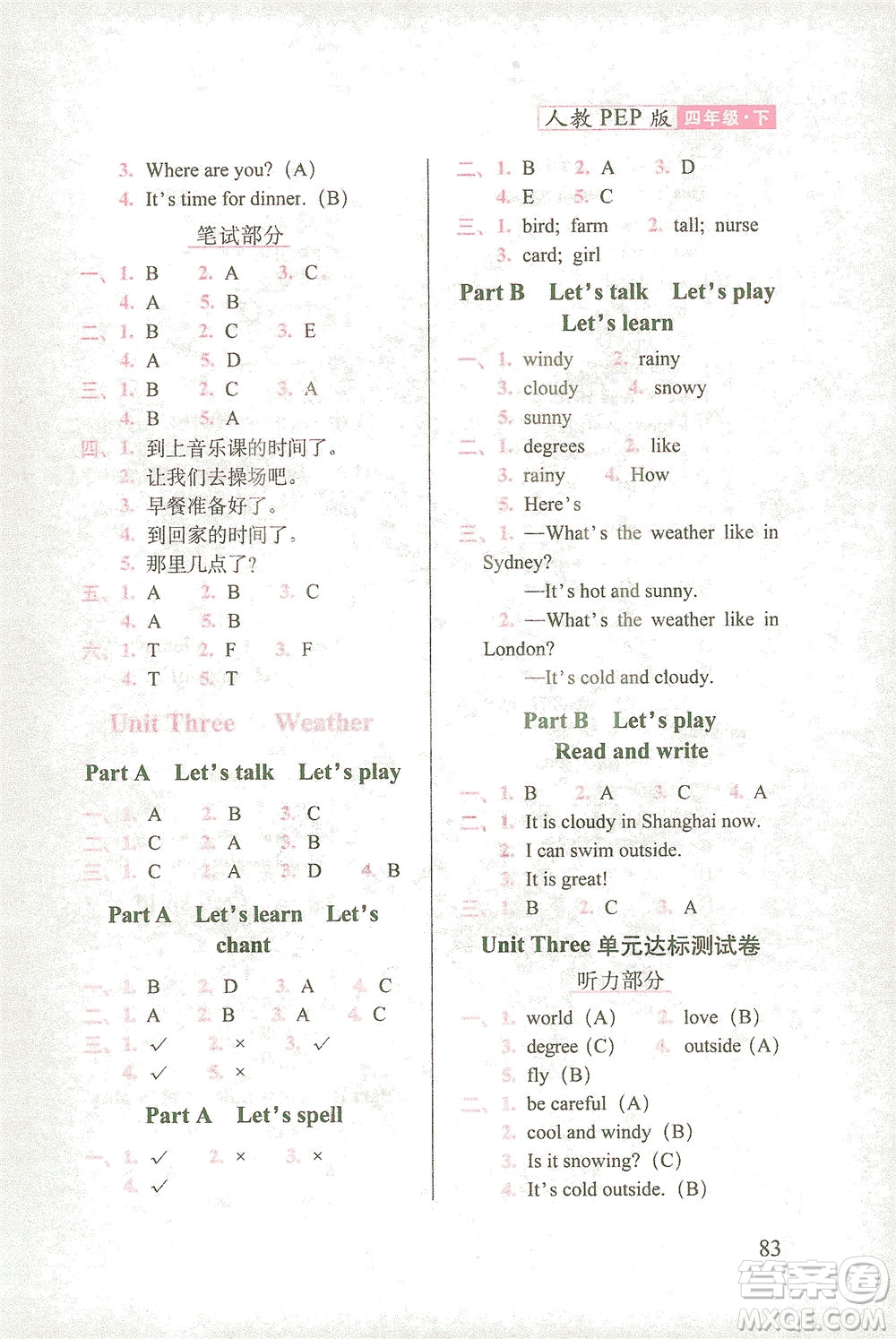 長春出版社2021隨堂檢測天天練英語四年級(jí)下冊(cè)人教版答案