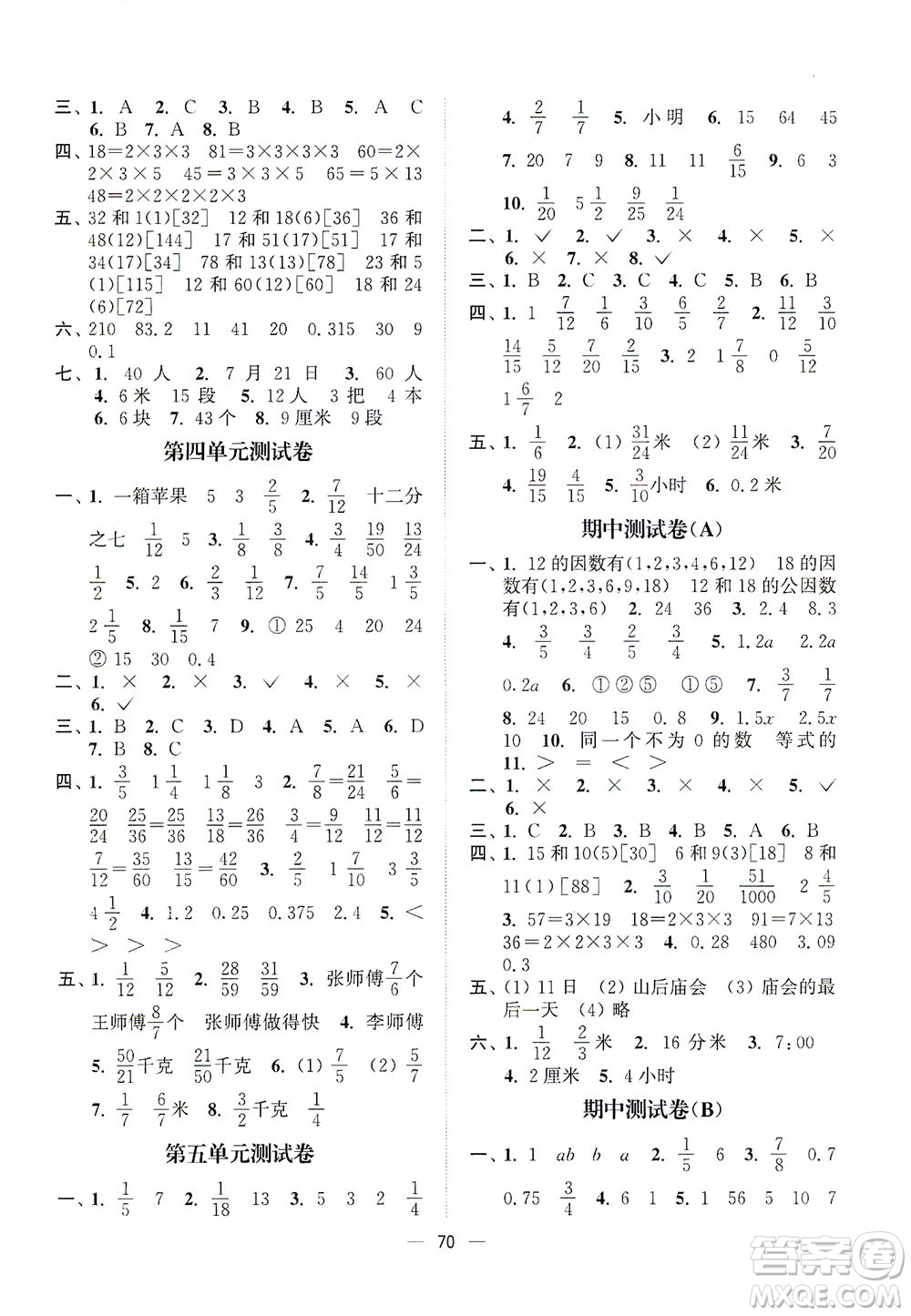 江蘇鳳凰美術(shù)出版社2021課時金練數(shù)學(xué)五年級下江蘇版答案