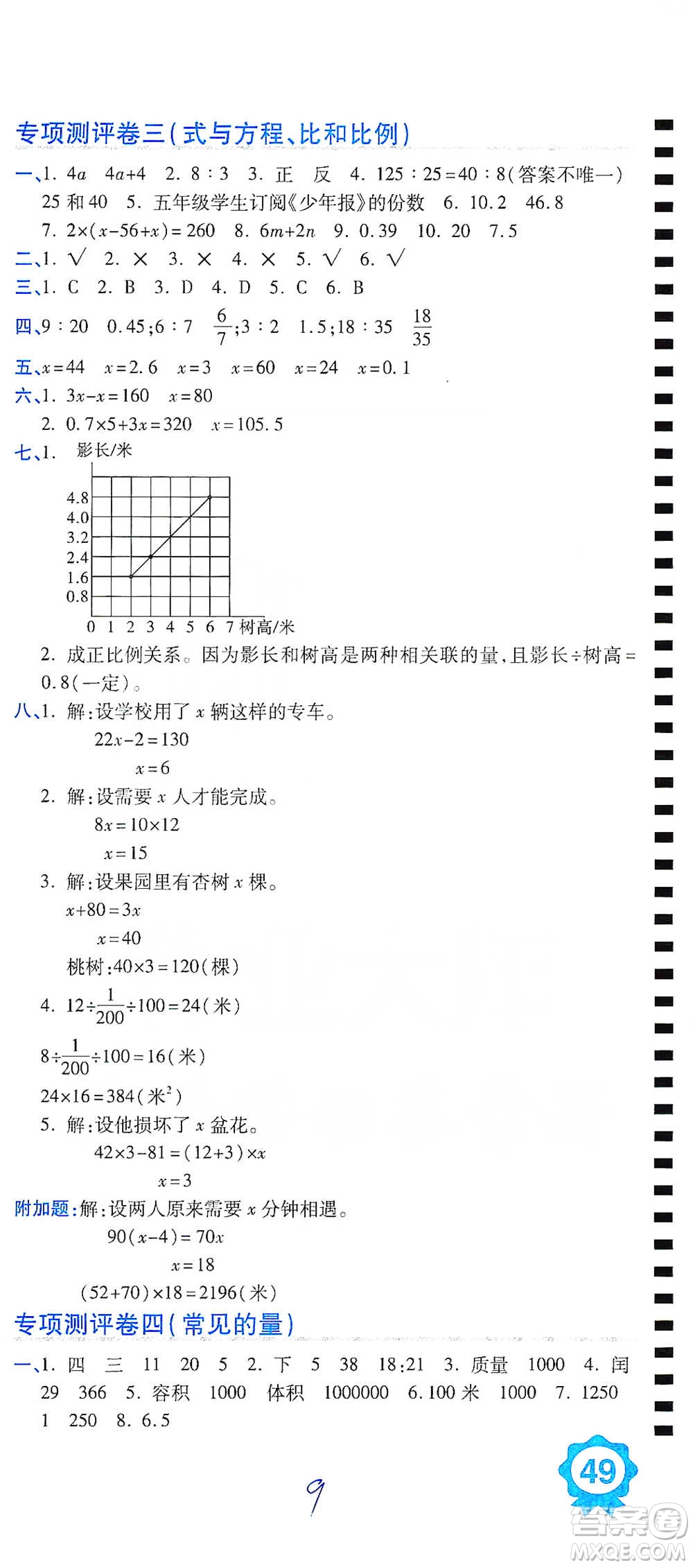 開(kāi)明出版社2021期末100分沖刺卷六年級(jí)下冊(cè)數(shù)學(xué)北師版參考答案