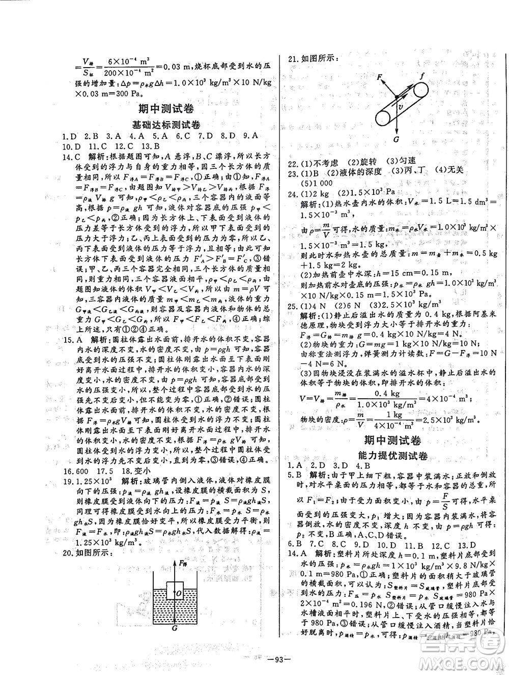 山東文藝出版社2021初中單元提優(yōu)測試卷八年級物理下冊魯教版五四學(xué)制答案