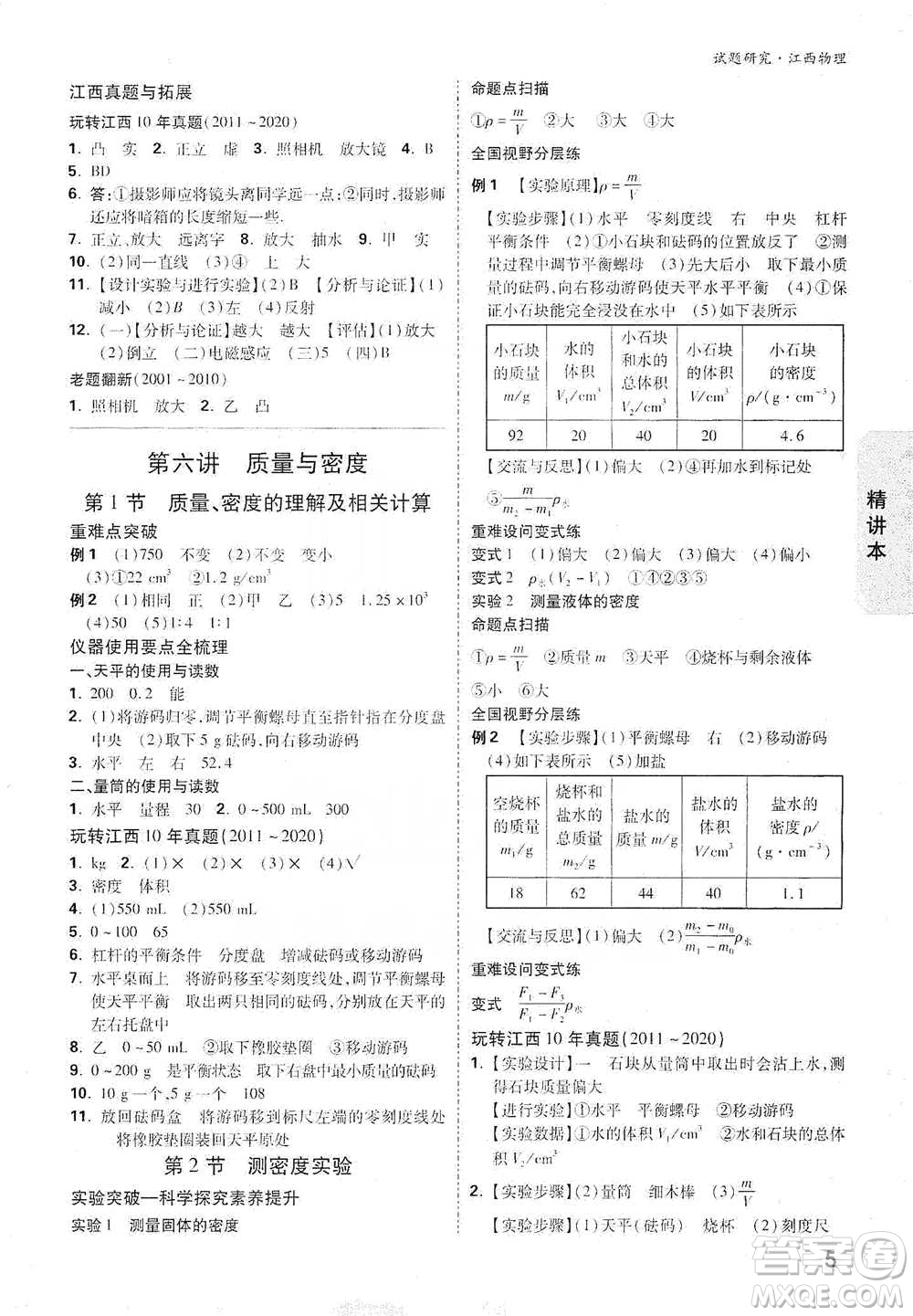 新疆青少年出版社2021萬唯中考試題研究物理江西專版參考答案