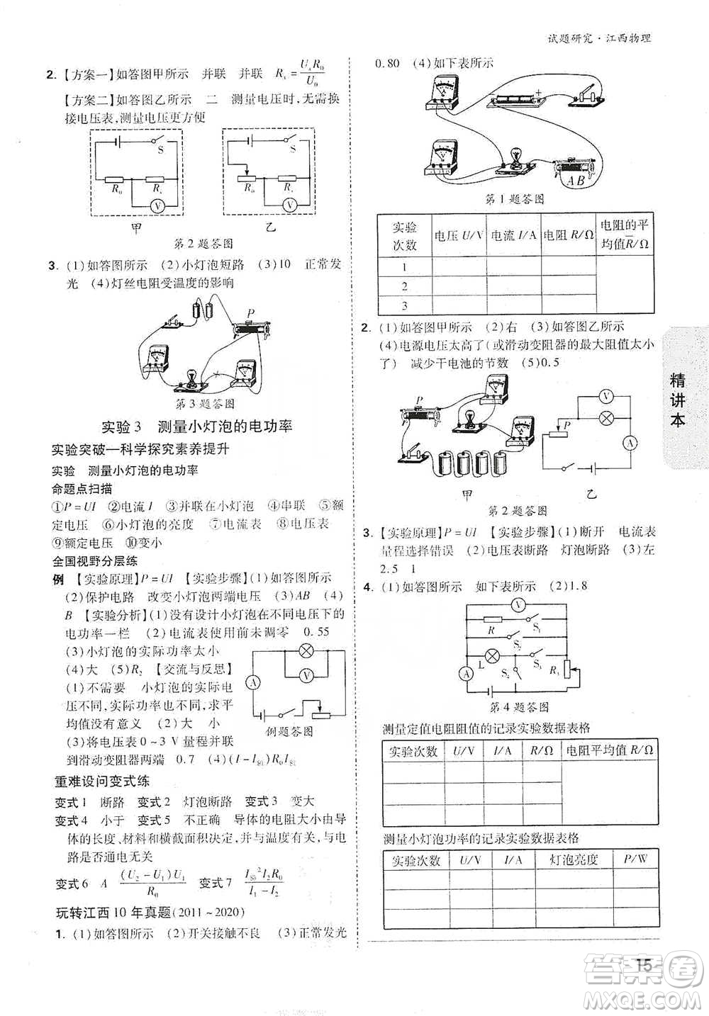 新疆青少年出版社2021萬唯中考試題研究物理江西專版參考答案