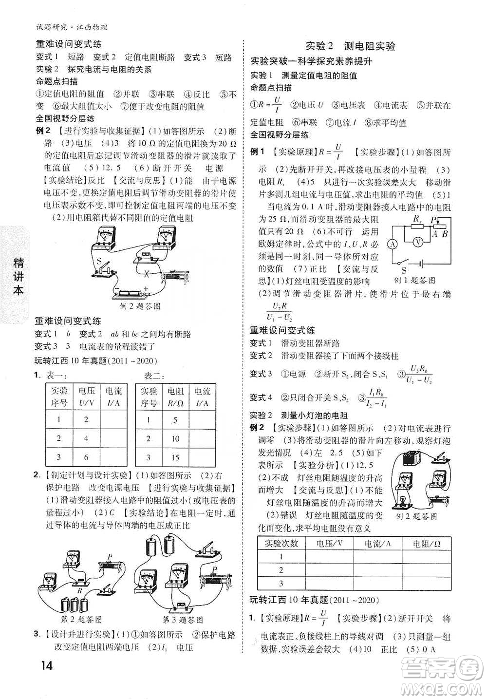 新疆青少年出版社2021萬唯中考試題研究物理江西專版參考答案