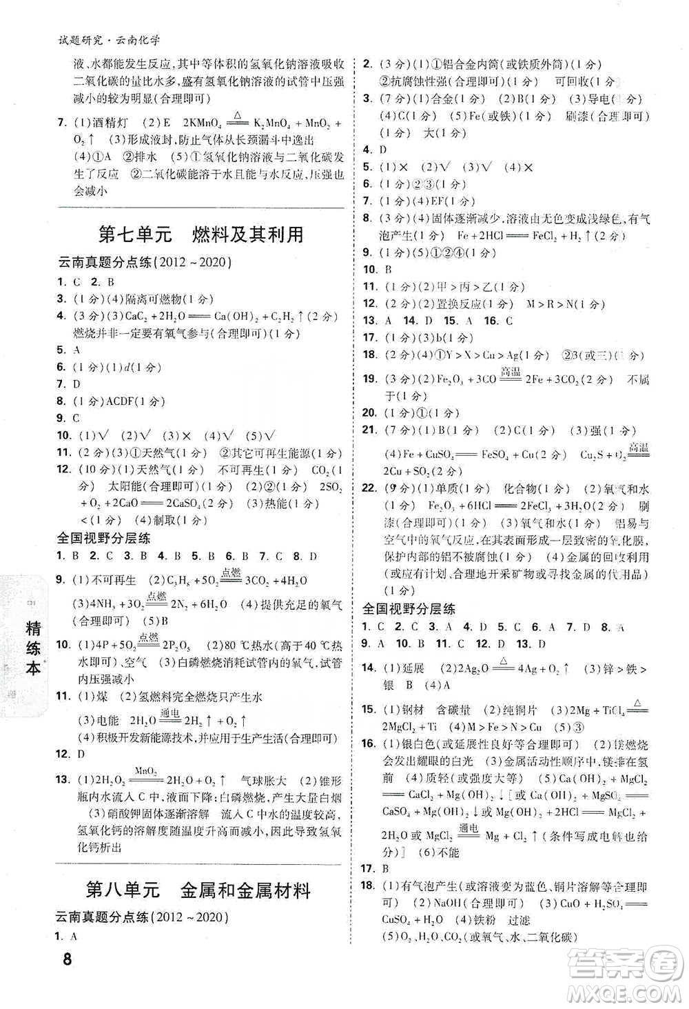 新疆青少年出版社2021萬唯中考試題研究化學云南專版通用版參考答案