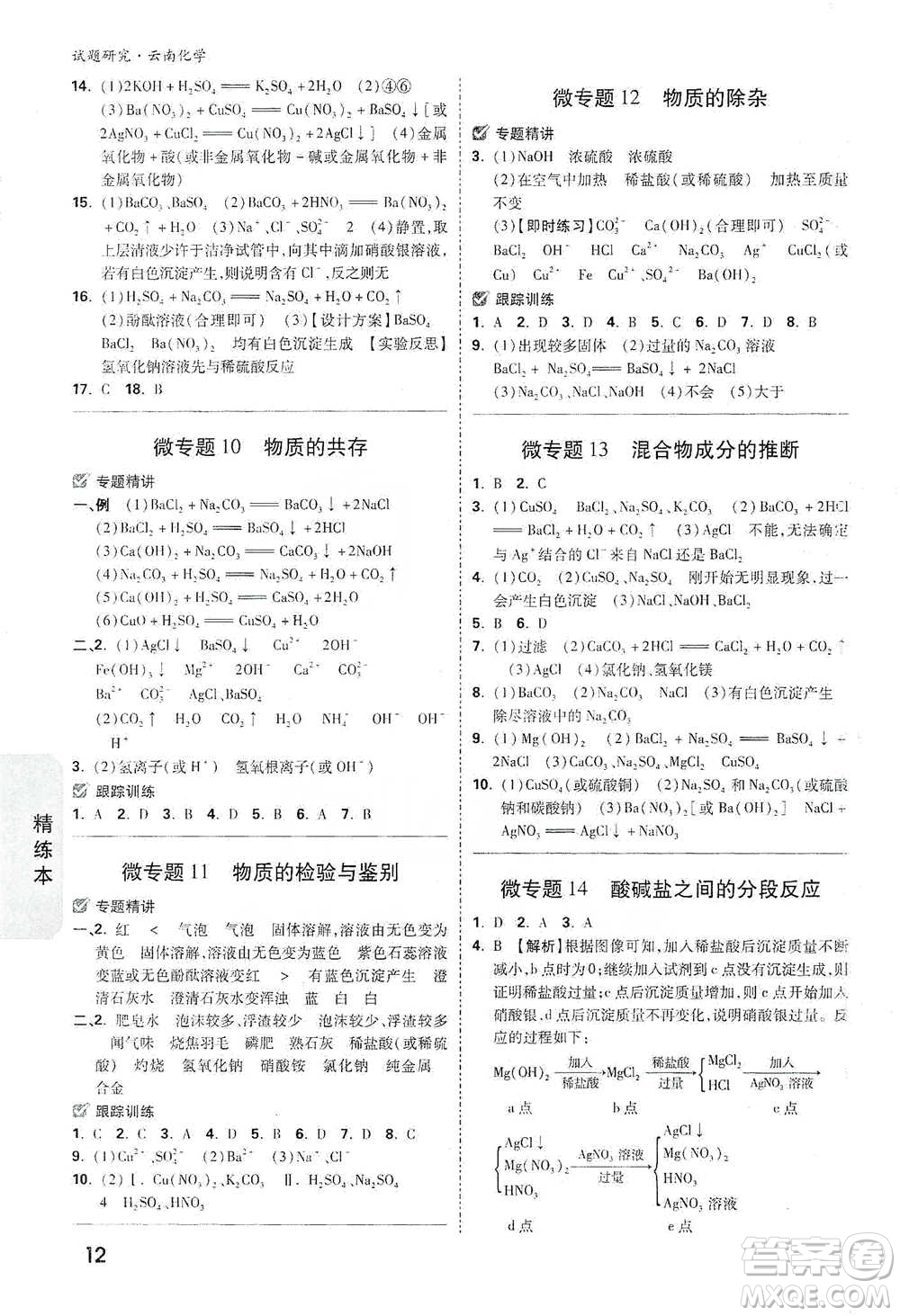 新疆青少年出版社2021萬唯中考試題研究化學云南專版通用版參考答案