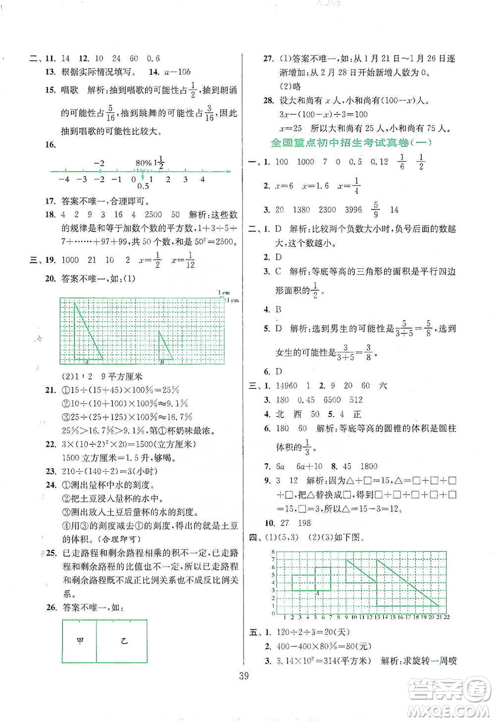 江蘇人民出版社2021實(shí)驗(yàn)班小學(xué)畢業(yè)總復(fù)習(xí)數(shù)學(xué)參考答案