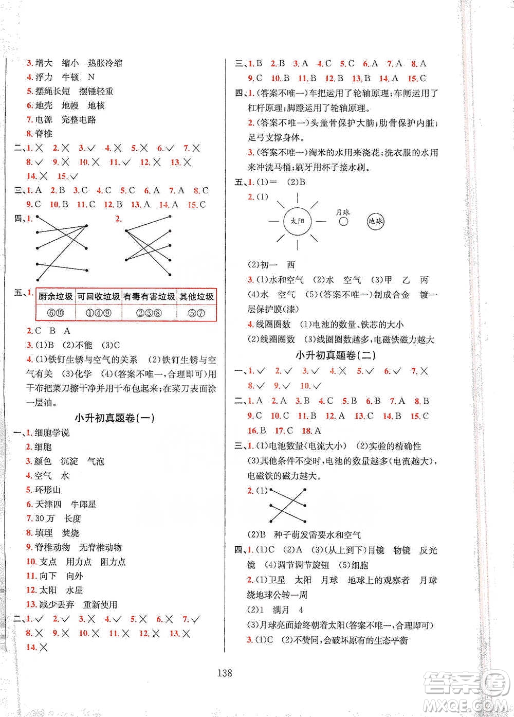 陜西人民教育出版社2021小升初畢業(yè)總復(fù)習(xí)全解科學(xué)參考答案