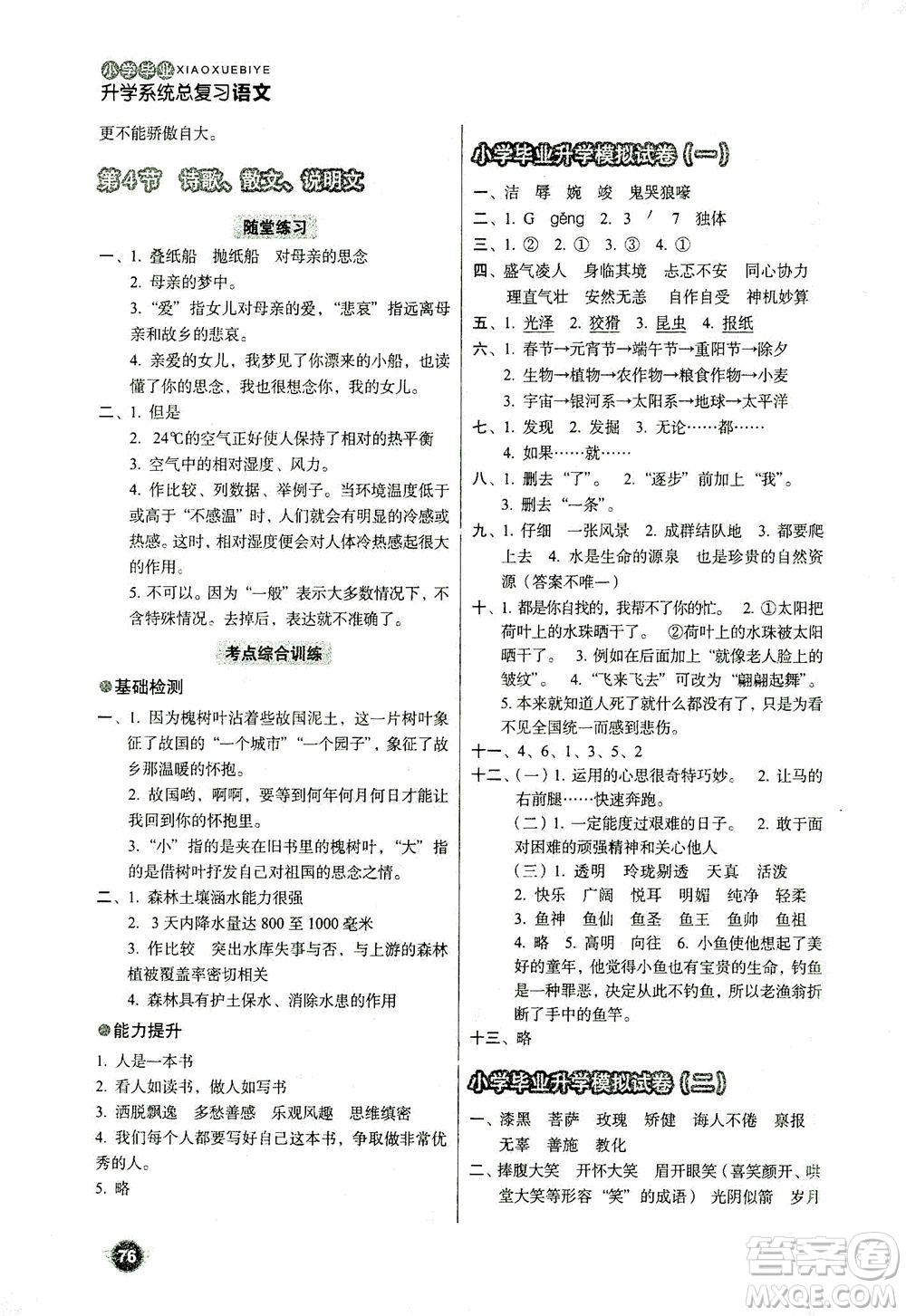 云南美術(shù)出版社2021小學(xué)畢業(yè)升學(xué)系統(tǒng)總復(fù)習(xí)語(yǔ)文答案