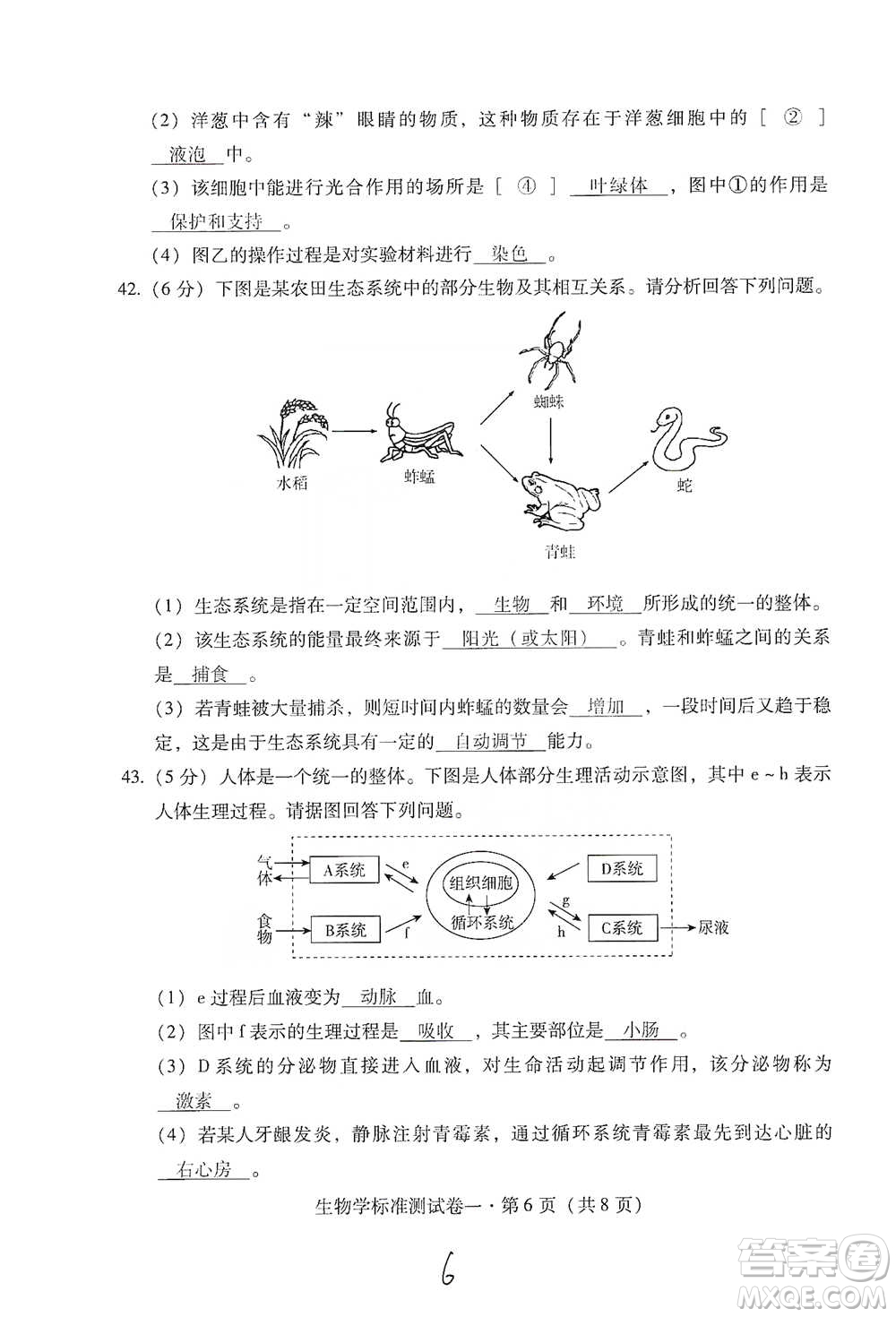 云南教育出版社2021優(yōu)佳學(xué)案云南省初中學(xué)業(yè)水平考試標(biāo)準(zhǔn)測(cè)試卷生物學(xué)參考答案