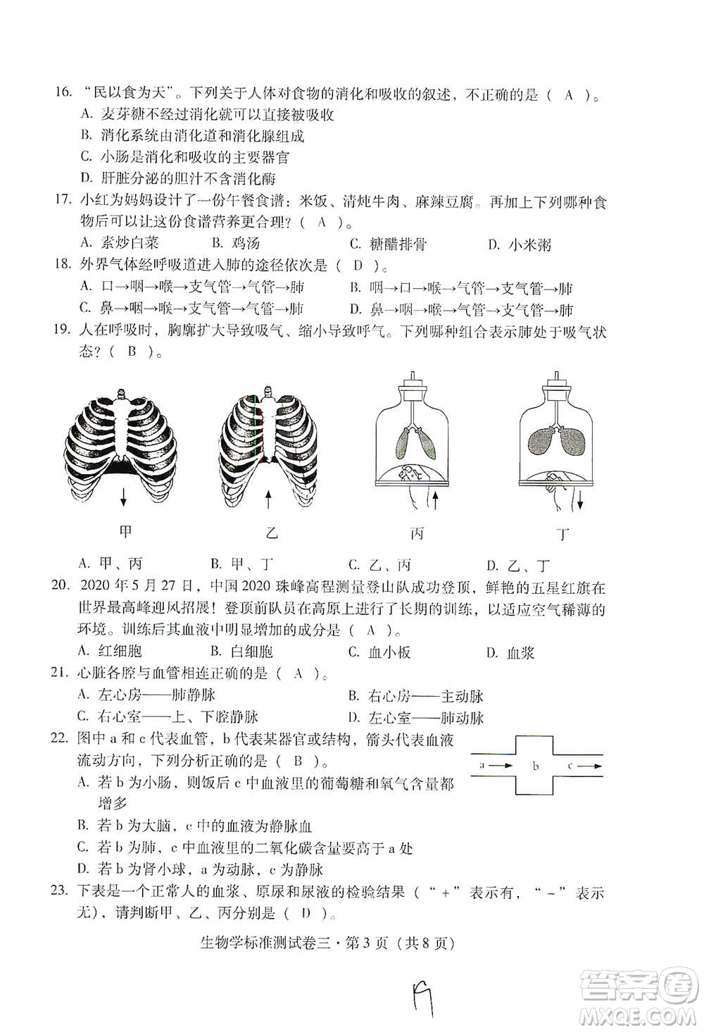 云南教育出版社2021優(yōu)佳學(xué)案云南省初中學(xué)業(yè)水平考試標(biāo)準(zhǔn)測(cè)試卷生物學(xué)參考答案