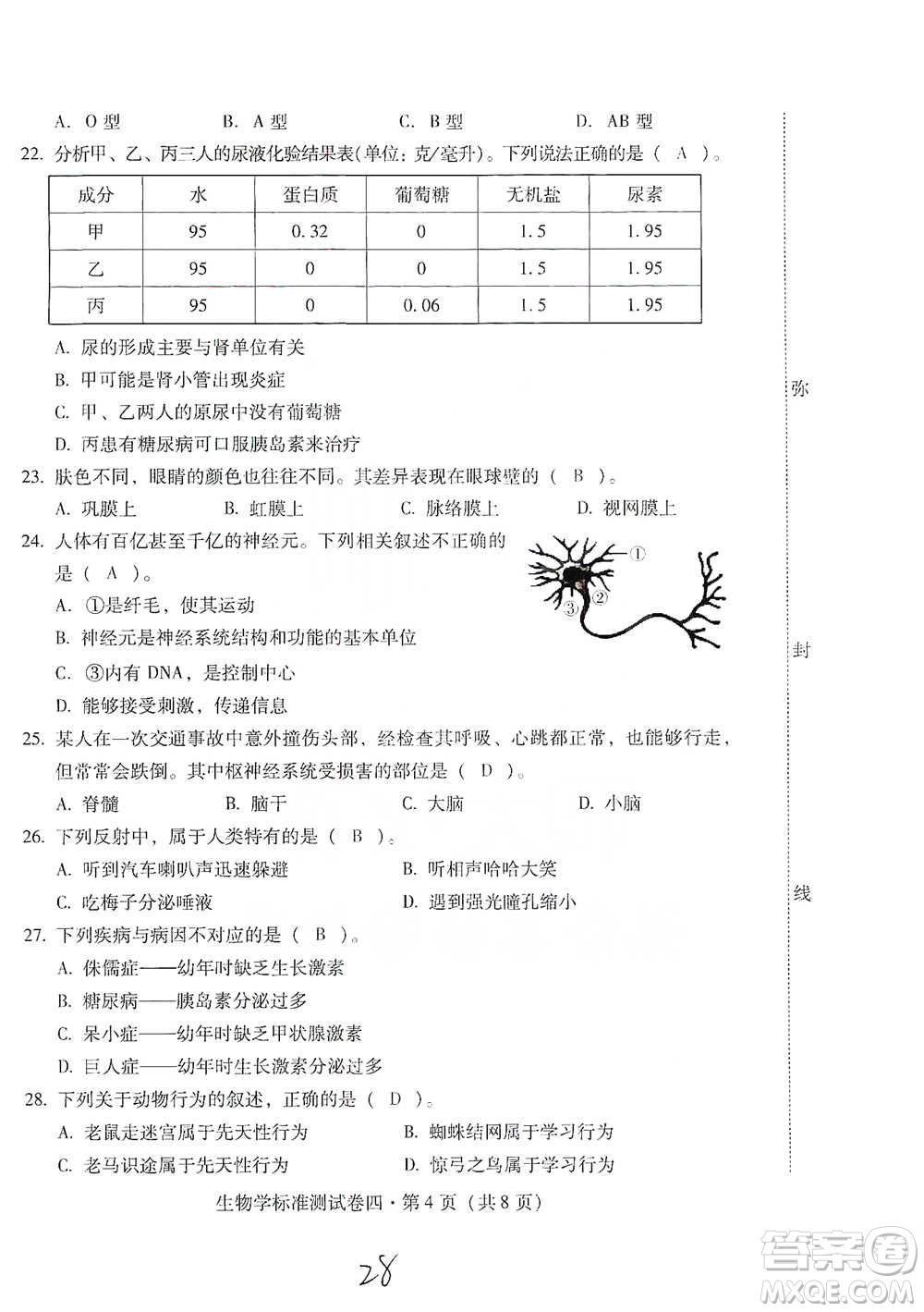 云南教育出版社2021優(yōu)佳學(xué)案云南省初中學(xué)業(yè)水平考試標(biāo)準(zhǔn)測(cè)試卷生物學(xué)參考答案