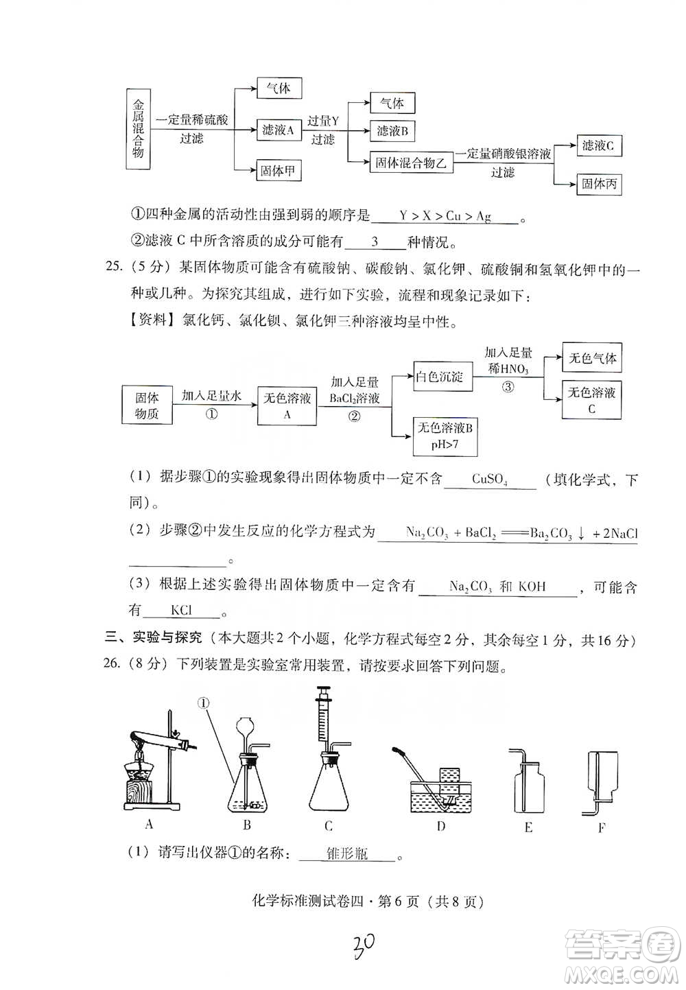 云南教育出版社2021優(yōu)佳學案云南省初中學業(yè)水平考試標準測試卷化學參考答案