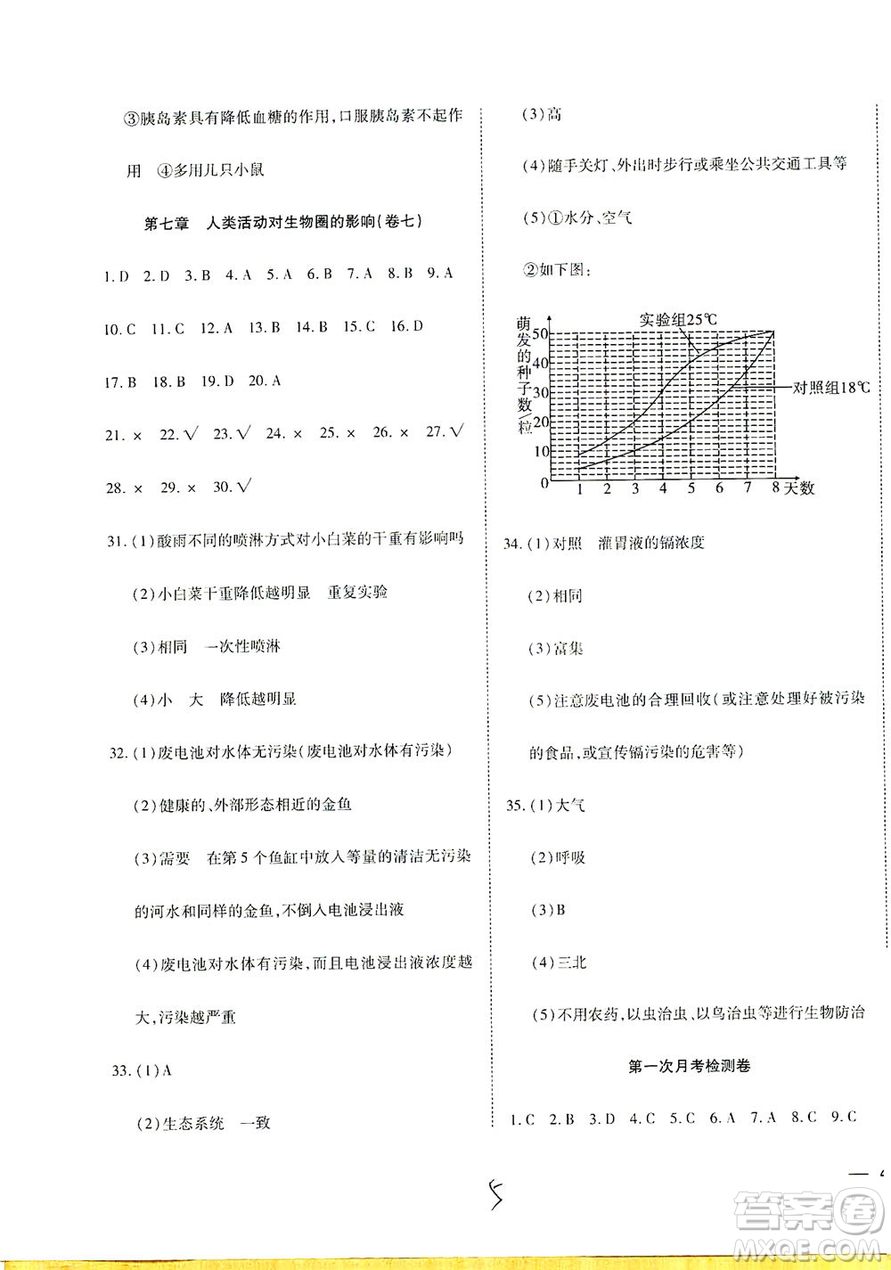 河北教育出版社2021省考標準卷七年級生物下冊人教版答案