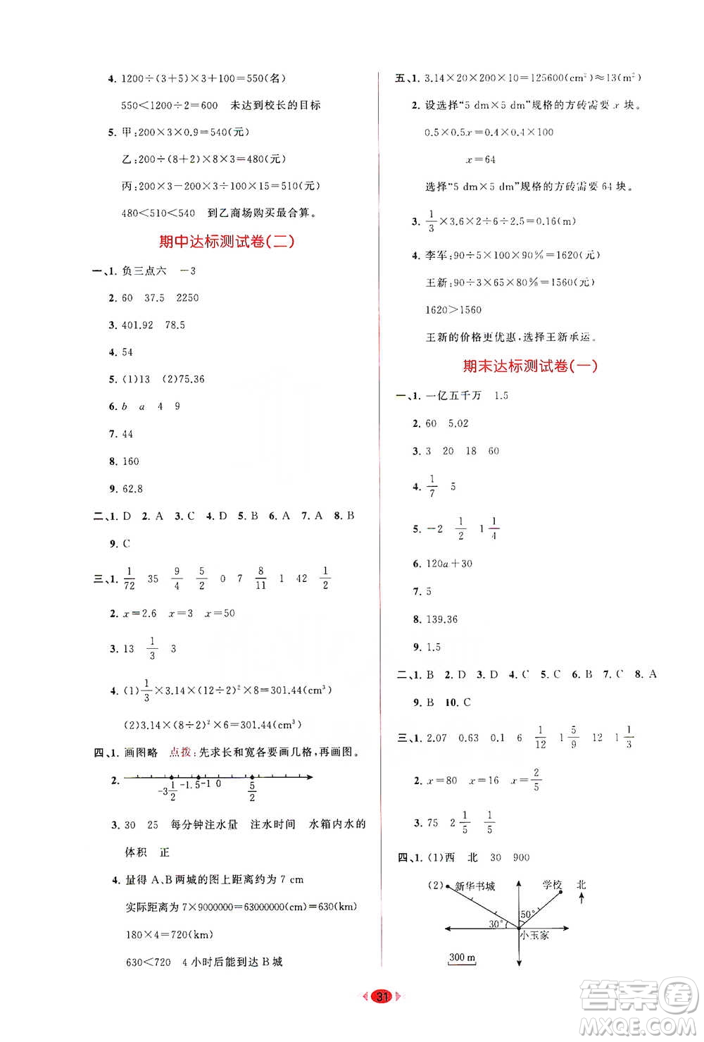 龍門書局2021三點(diǎn)一測快樂周計(jì)劃六年級下冊數(shù)學(xué)參考答案