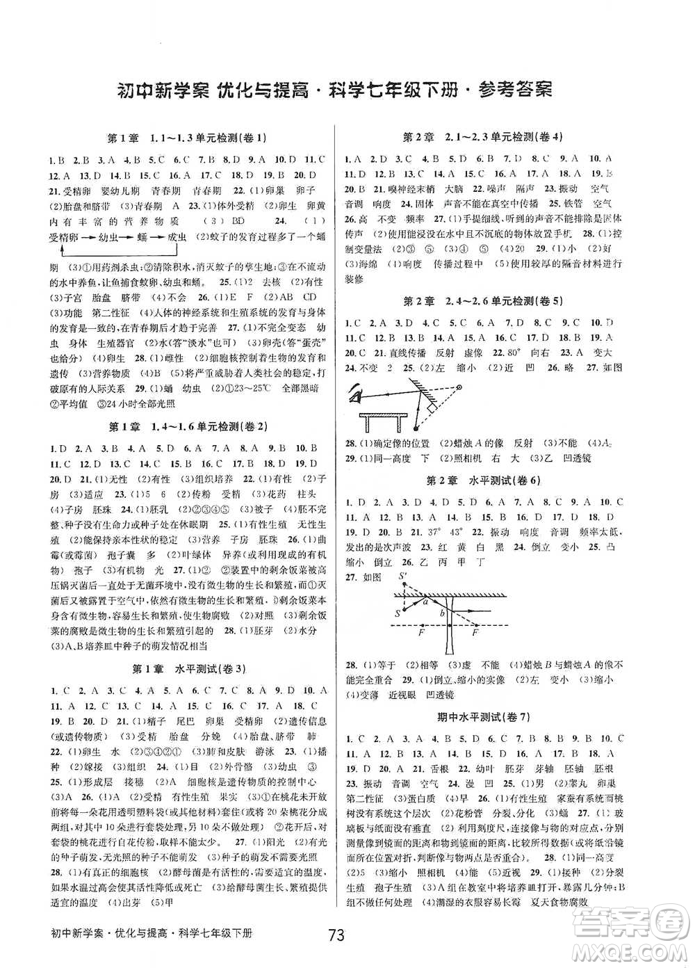 天津科學技術出版社2021初中新學案優(yōu)化與提高科學七年級下冊參考答案