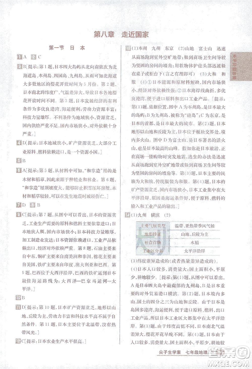 吉林人民出版社2021尖子生學案地理七年級下新課標湘教版答案