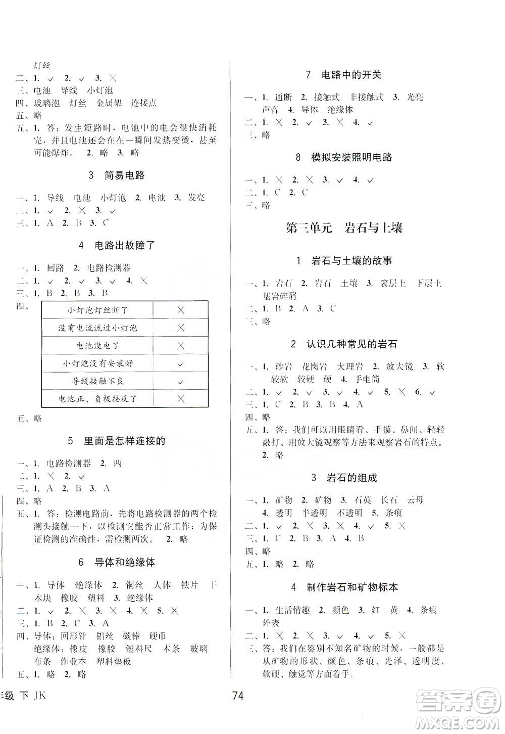 云南科技出版社2021創(chuàng)新成功學(xué)習(xí)同步導(dǎo)學(xué)四年級下冊科學(xué)教科版參考答案