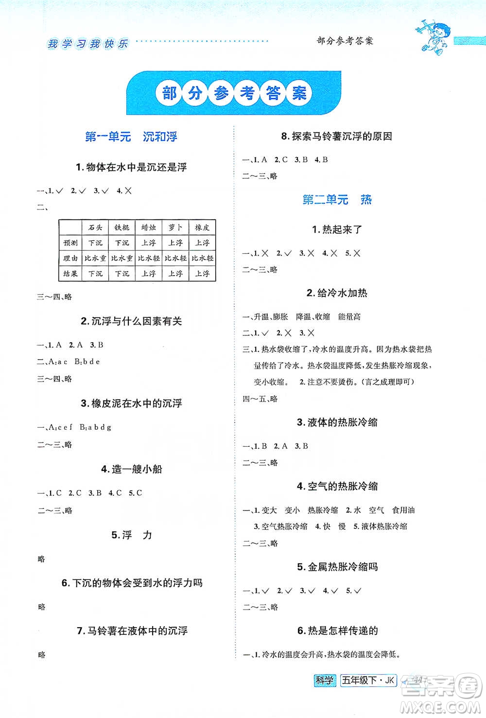 云南科技出版社2021創(chuàng)新成功學(xué)習(xí)同步導(dǎo)學(xué)五年級下冊科學(xué)教科版參考答案