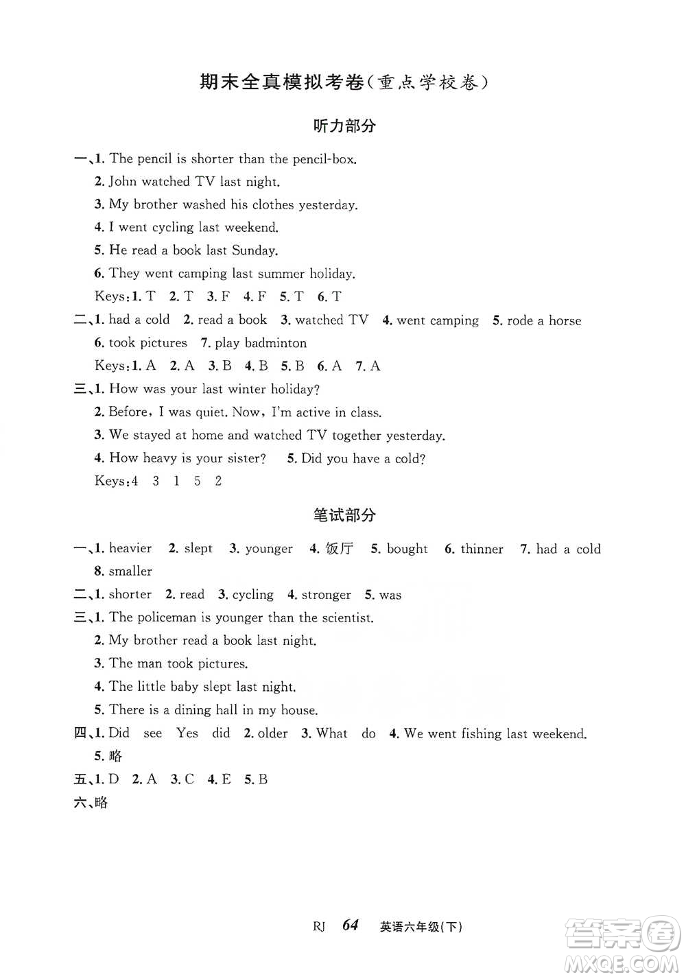 云南科技出版社2021創(chuàng)新成功學(xué)習(xí)同步導(dǎo)學(xué)六年級下冊英語人教版參考答案