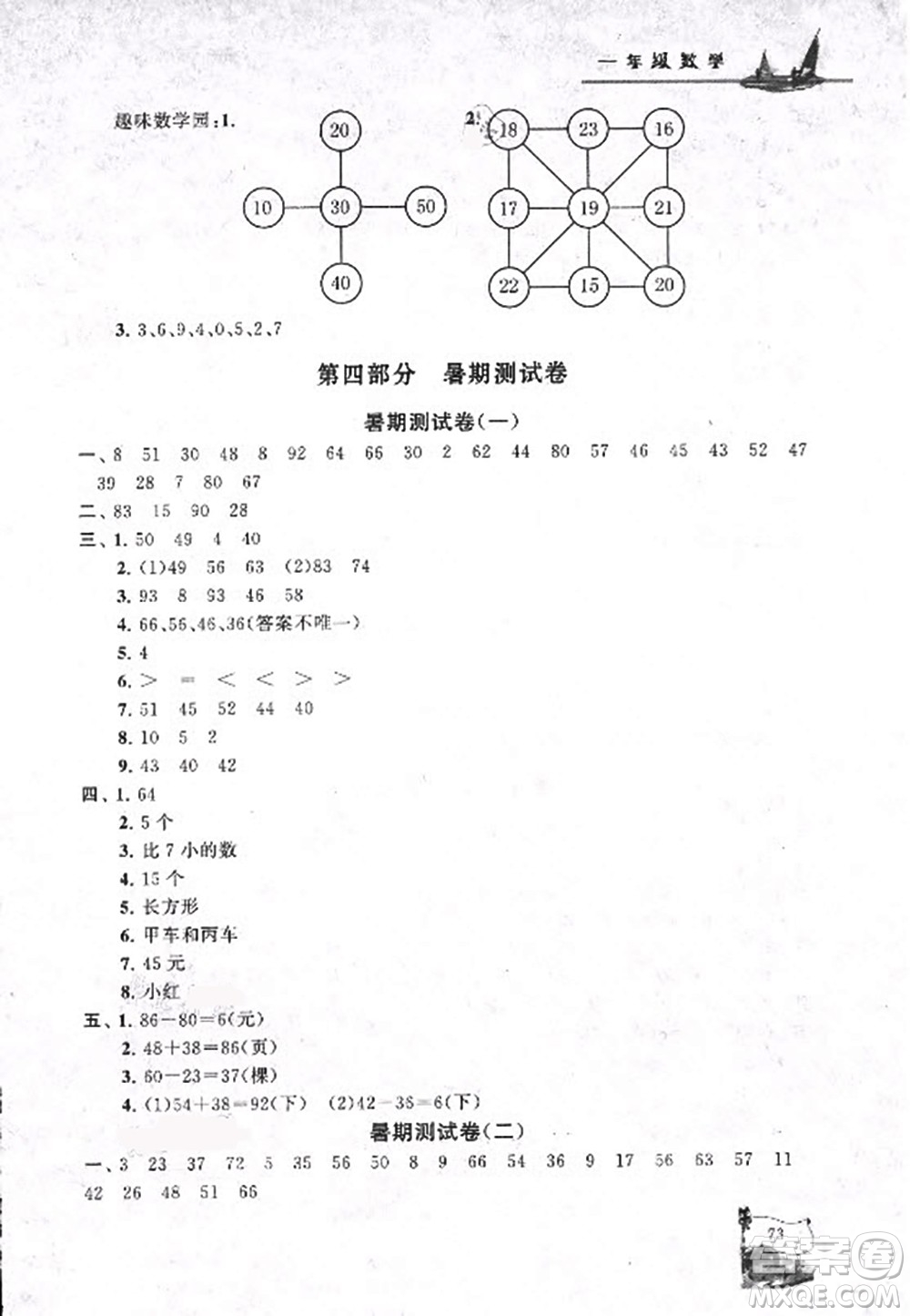 安徽人民出版社2021小學(xué)版暑假大串聯(lián)數(shù)學(xué)一年級(jí)江蘇適用答案