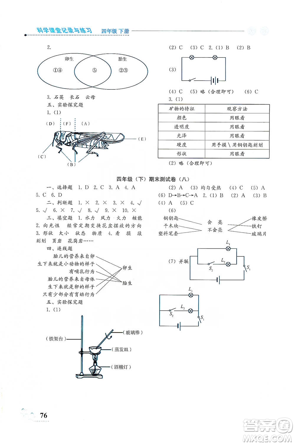 湖南科學(xué)技術(shù)出版社2021課堂記錄與練習(xí)四年級下冊科學(xué)參考答案