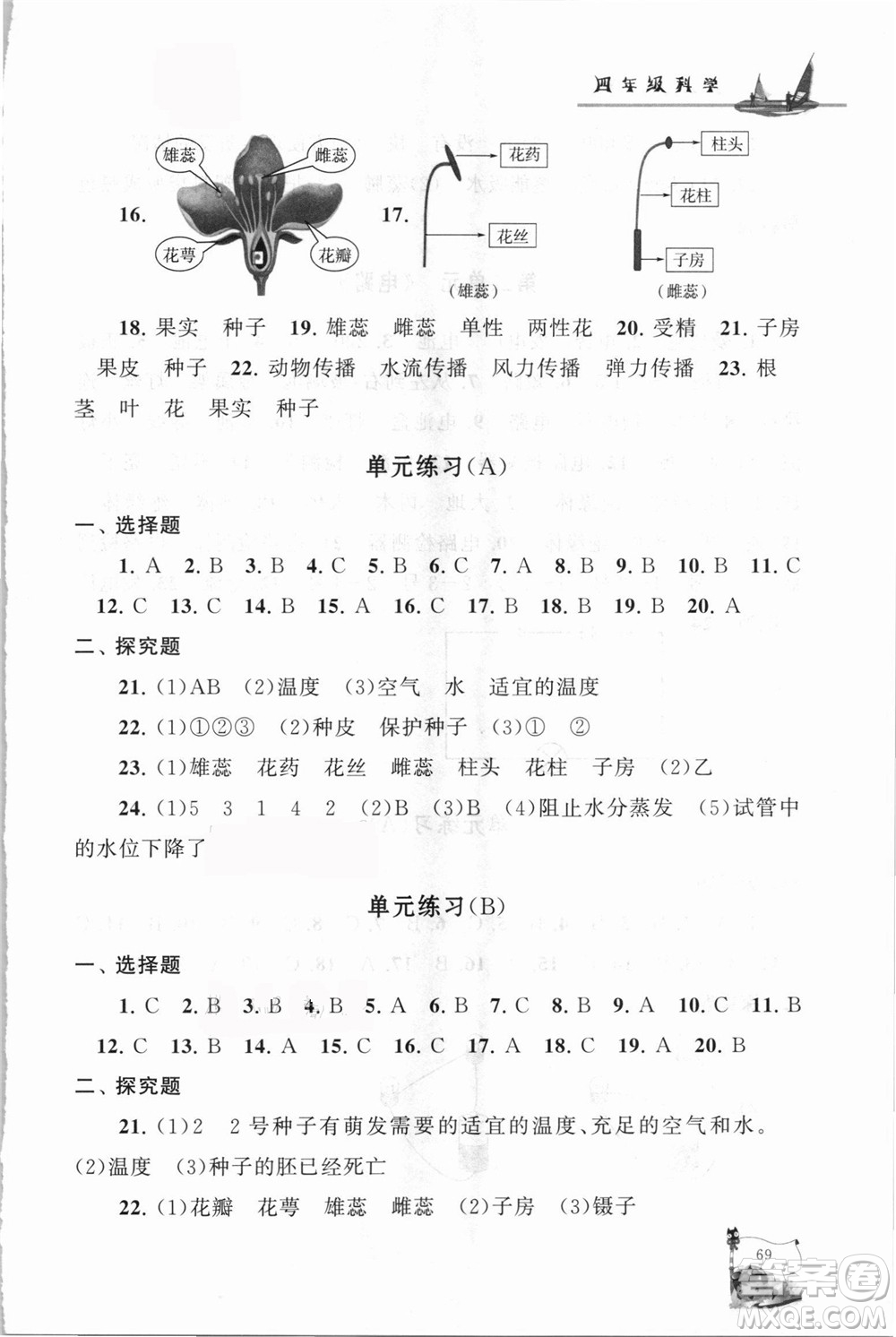 江蘇人民出版社2021小學版暑假大串聯(lián)科學四年級教育科學教材適用答案