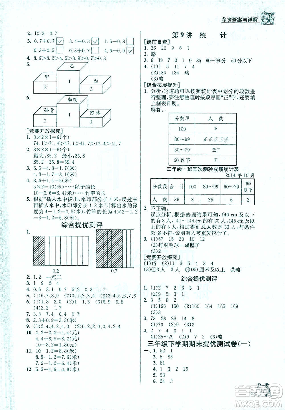 江蘇人民出版社2021實(shí)驗(yàn)班提優(yōu)輔導(dǎo)教程三年級(jí)下冊(cè)數(shù)學(xué)通用版參考答案