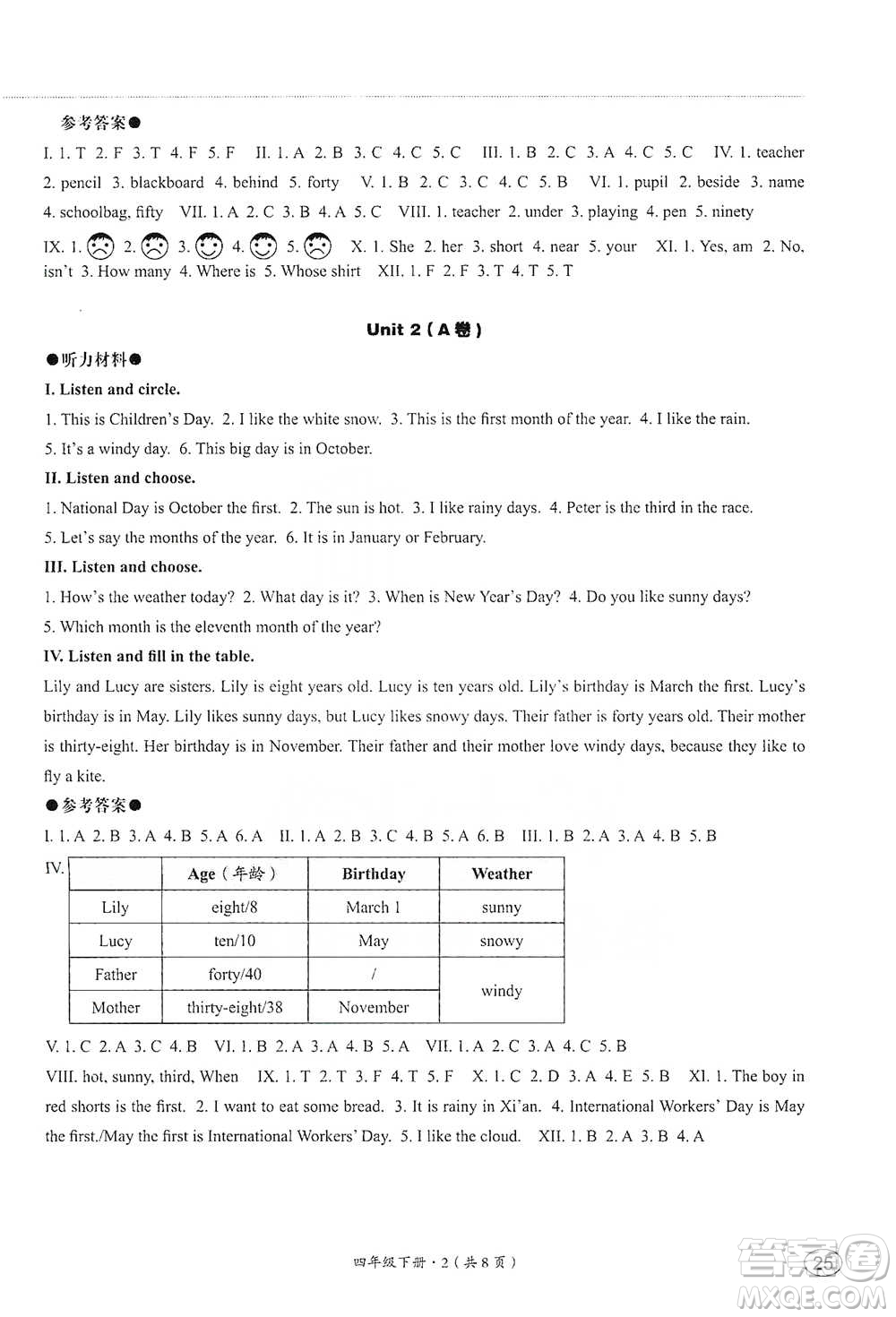 河北教育出版社2021基本功訓練四年級下冊英語冀教版參考答案