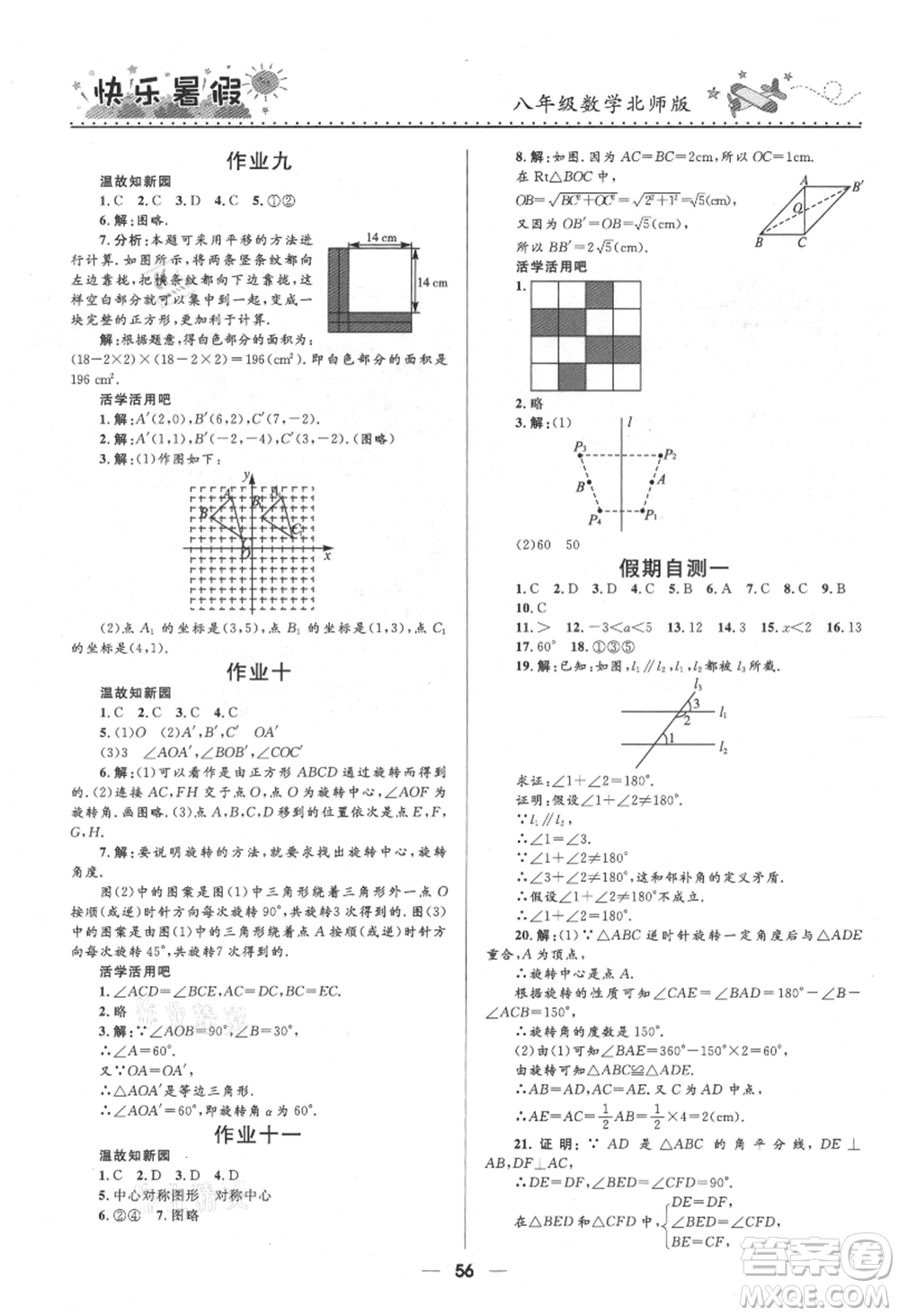 河北少年兒童出版社2021贏在起跑線中學(xué)生快樂暑假八年級數(shù)學(xué)北師版參考答案