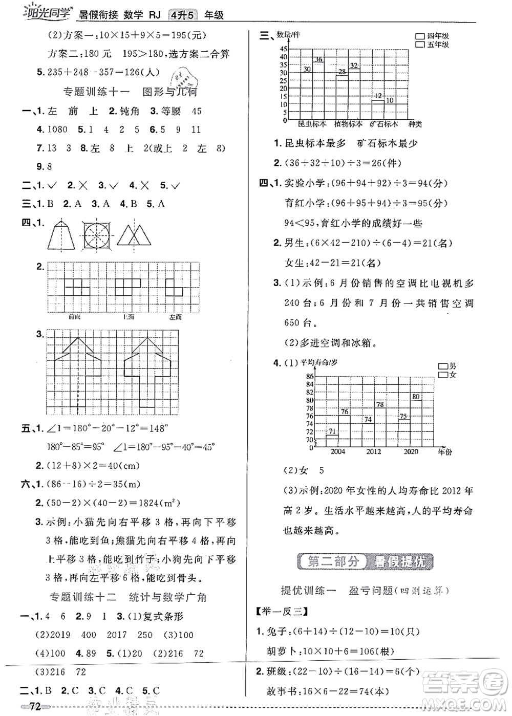 江西教育出版社2021陽光同學(xué)暑假銜接4升5年級(jí)數(shù)學(xué)人教版答案