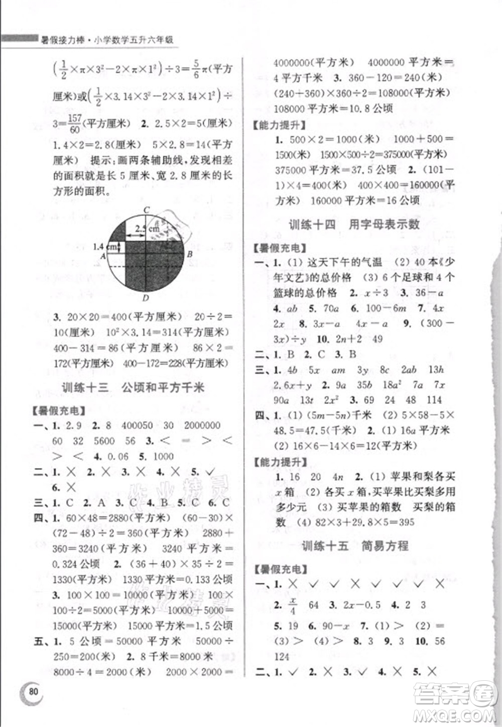 江蘇鳳凰少年兒童出版社2021小學數(shù)學暑假接力棒五升六年級江蘇版答案