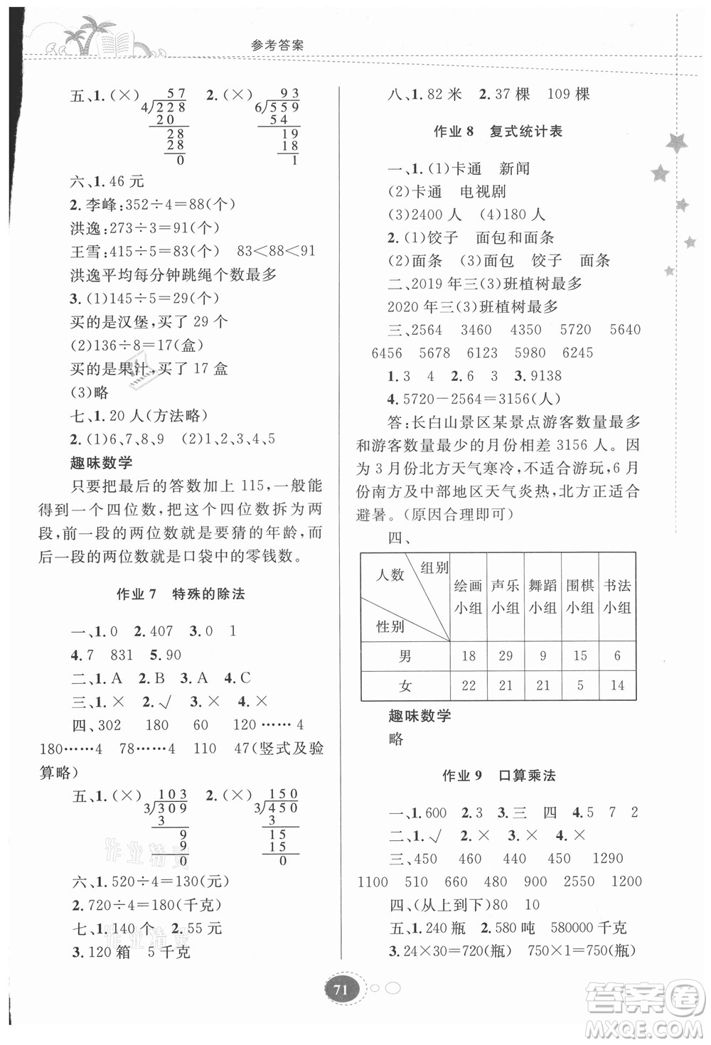 貴州人民出版社2021暑假作業(yè)三年級數(shù)學(xué)人教版答案