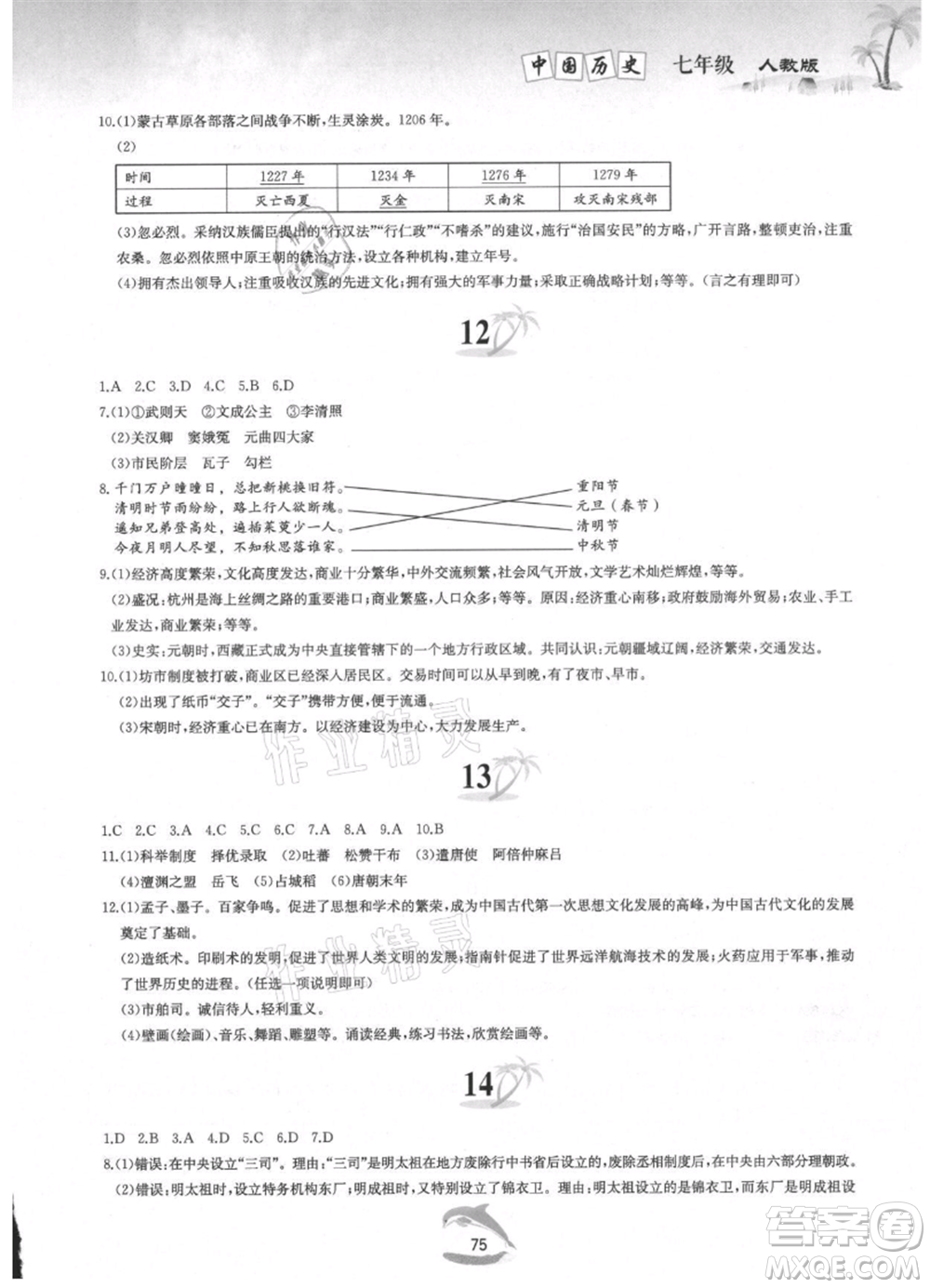 黃山書社2021暑假作業(yè)七年級中國歷史人教版參考答案