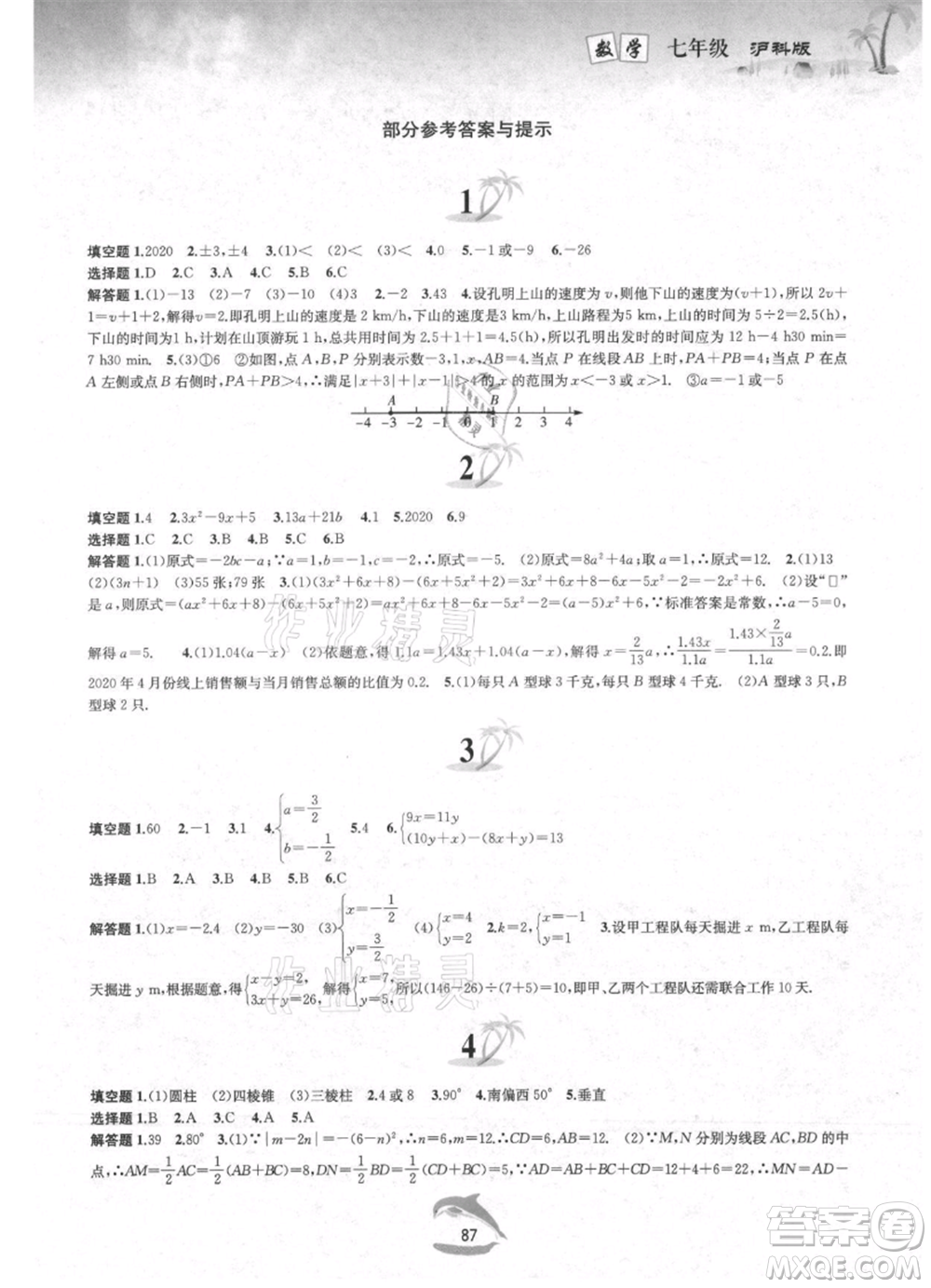 黃山書社2021暑假作業(yè)七年級數(shù)學滬科版參考答案