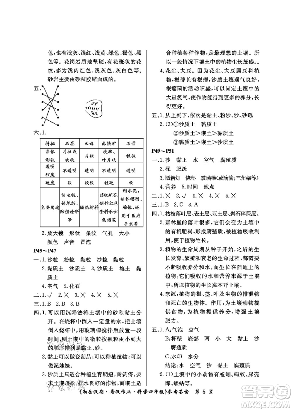 湖南大學(xué)出版社2021湘岳假期暑假作業(yè)四年級(jí)科學(xué)第三版教科版答案