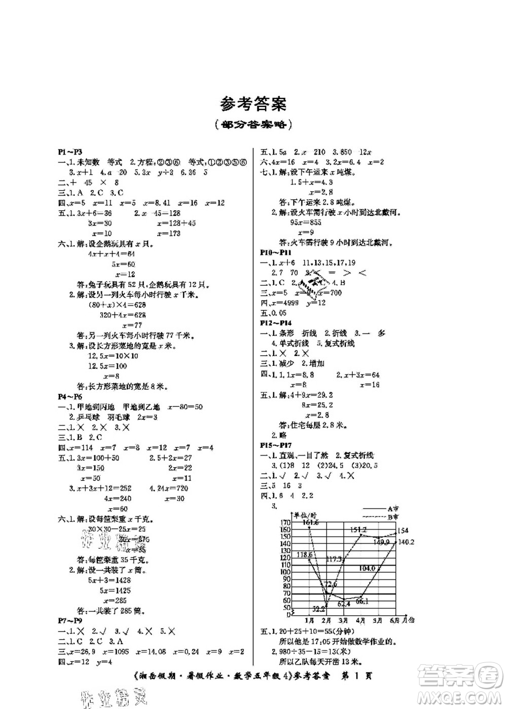 湖南大學(xué)出版社2021湘岳假期暑假作業(yè)五年級(jí)數(shù)學(xué)第四版蘇教版答案