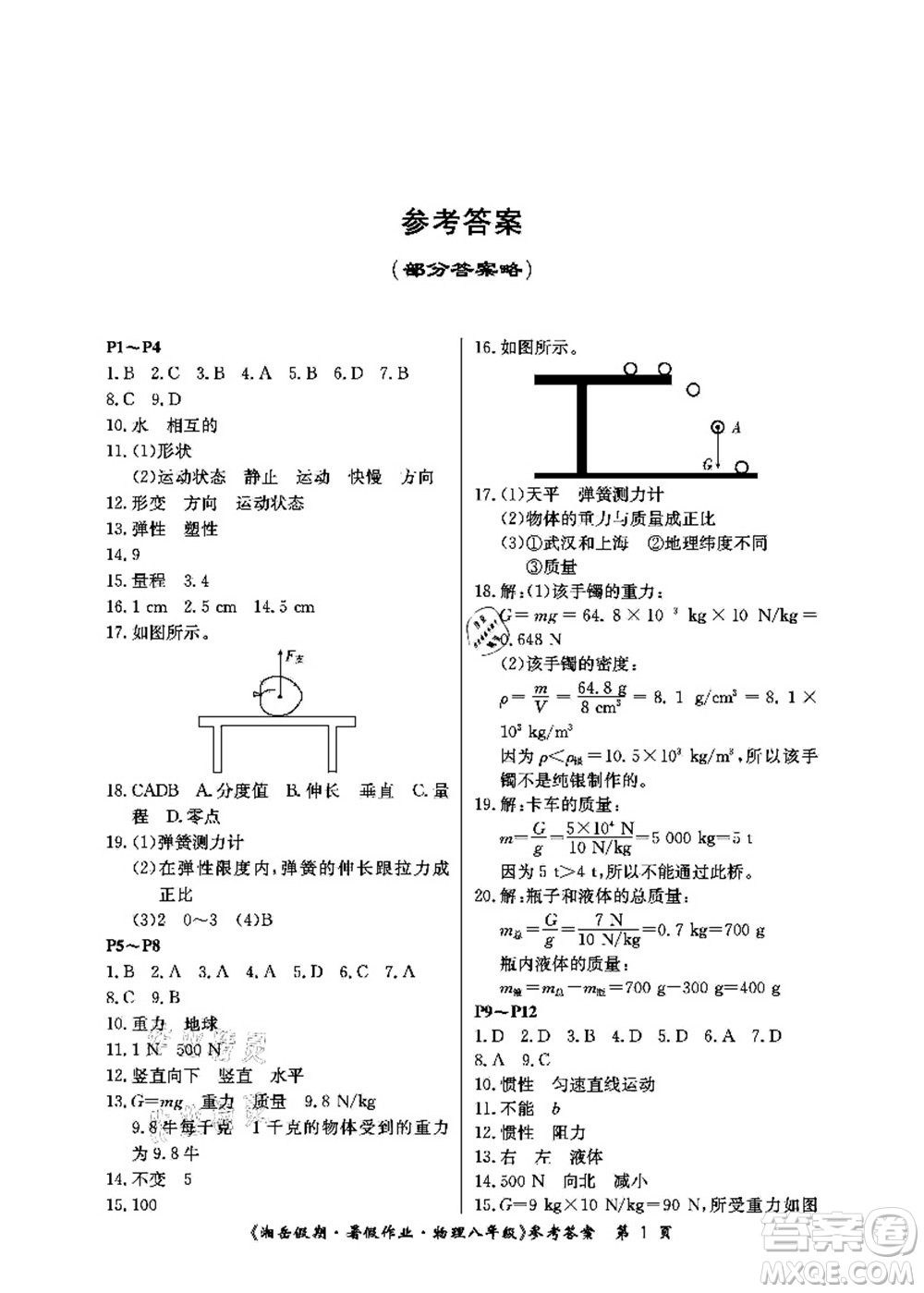 湖南大學(xué)出版社2021湘岳假期暑假作業(yè)八年級(jí)物理第四版人教版答案