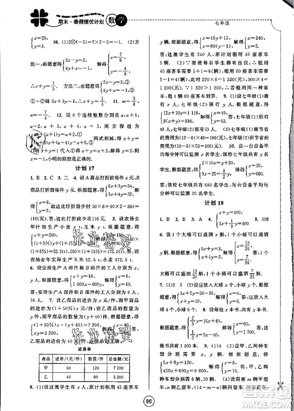 南京大學(xué)出版社2021期末暑假提優(yōu)計(jì)劃七年級(jí)數(shù)學(xué)SK蘇科版答案