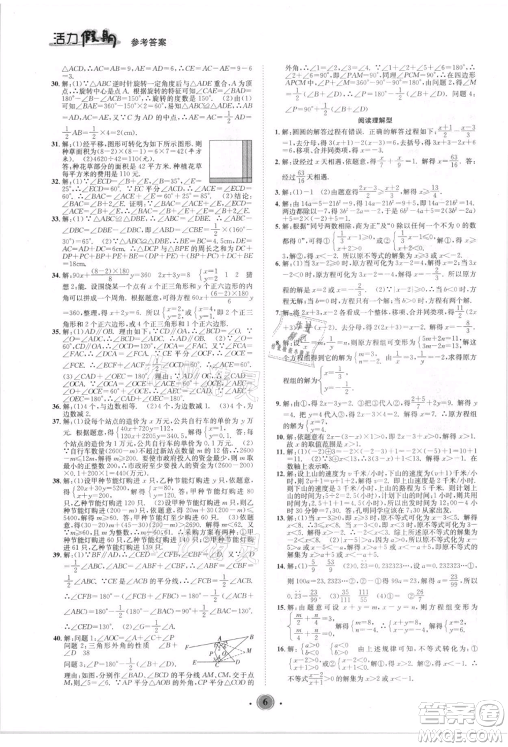 沈陽出版社2021活力假期學(xué)期總復(fù)習(xí)七年級數(shù)學(xué)華師大版參考答案