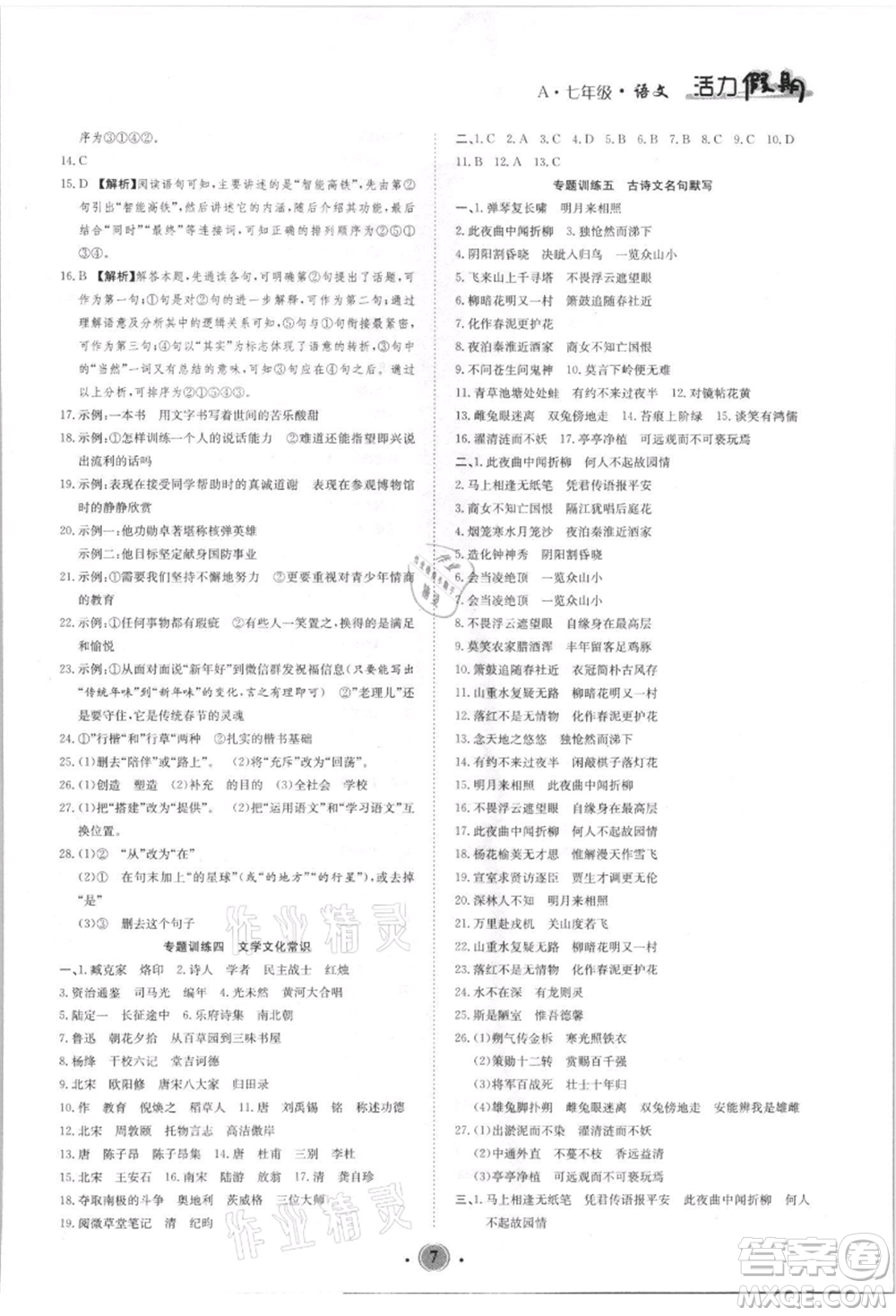 沈陽出版社2021活力假期學(xué)期總復(fù)習(xí)七年級語文人教版參考答案