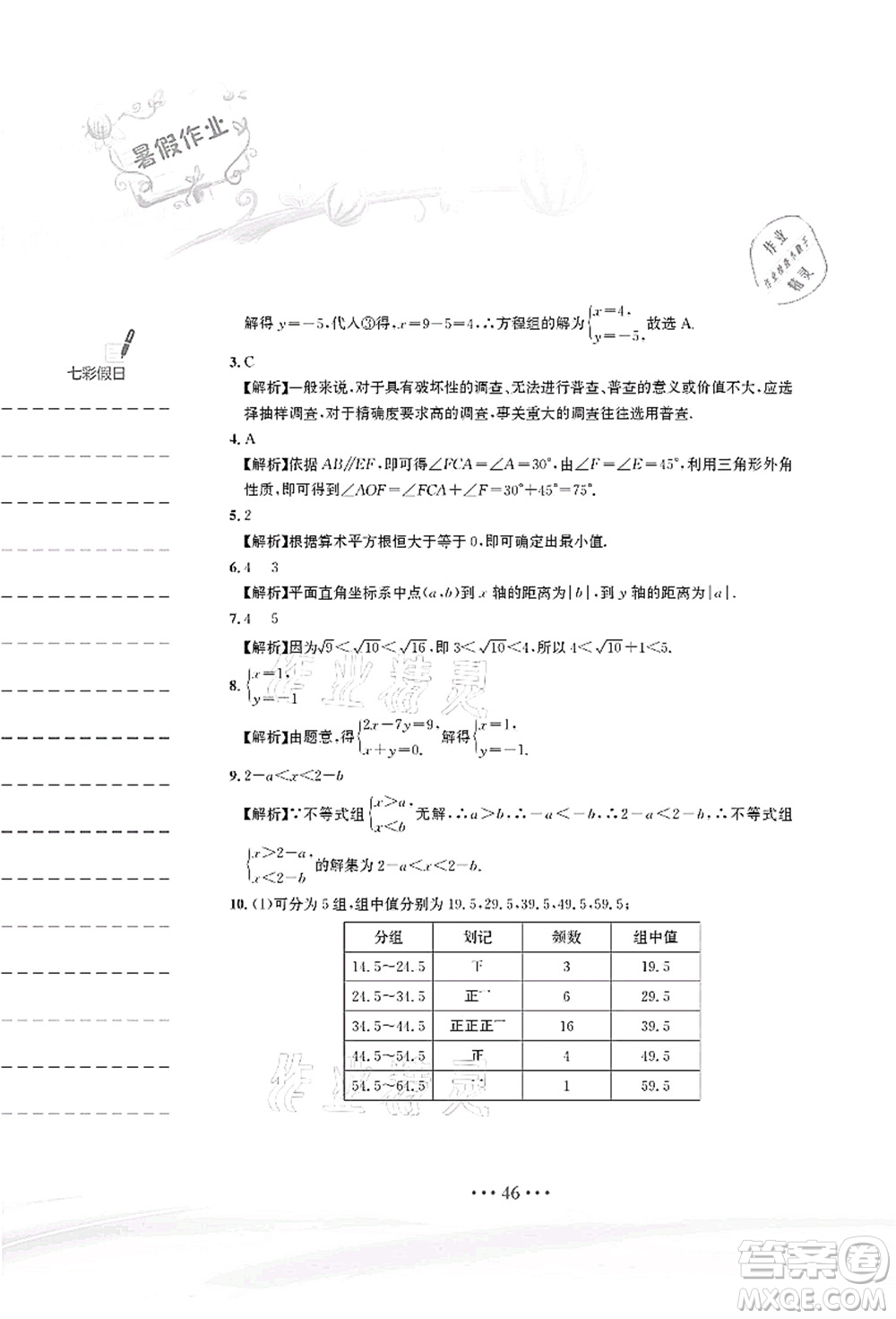 安徽教育出版社2021暑假作業(yè)七年級數(shù)學(xué)人教版答案