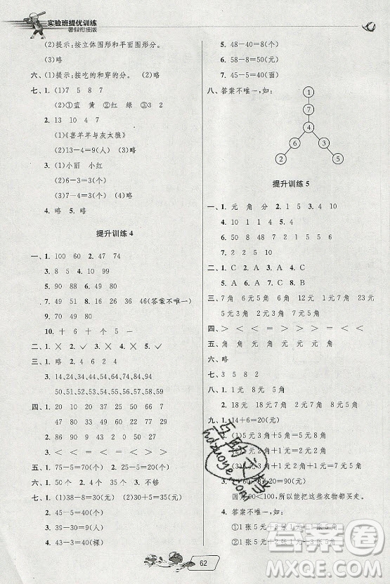 江蘇人民出版社2021實驗班提優(yōu)訓練暑假銜接數(shù)學一升二年級RMJY人民教育版答案