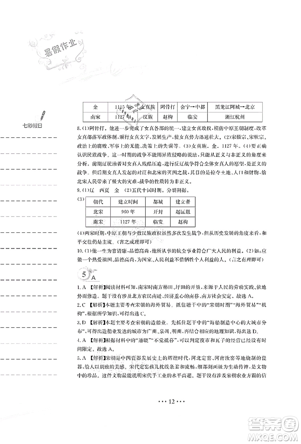 安徽教育出版社2021暑假作業(yè)七年級歷史人教版答案