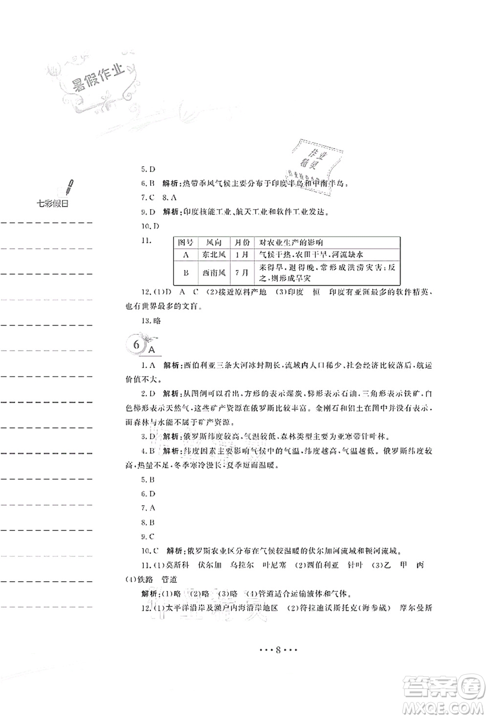 安徽教育出版社2021暑假作業(yè)七年級地理商務(wù)星球版答案