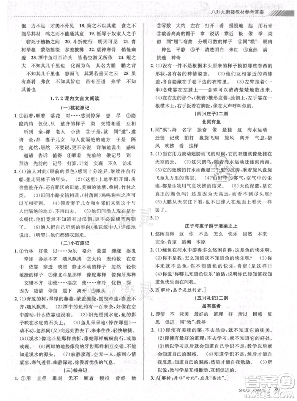 南京大學(xué)出版社2021初中暑期銜接八年級語文人教版參考答案