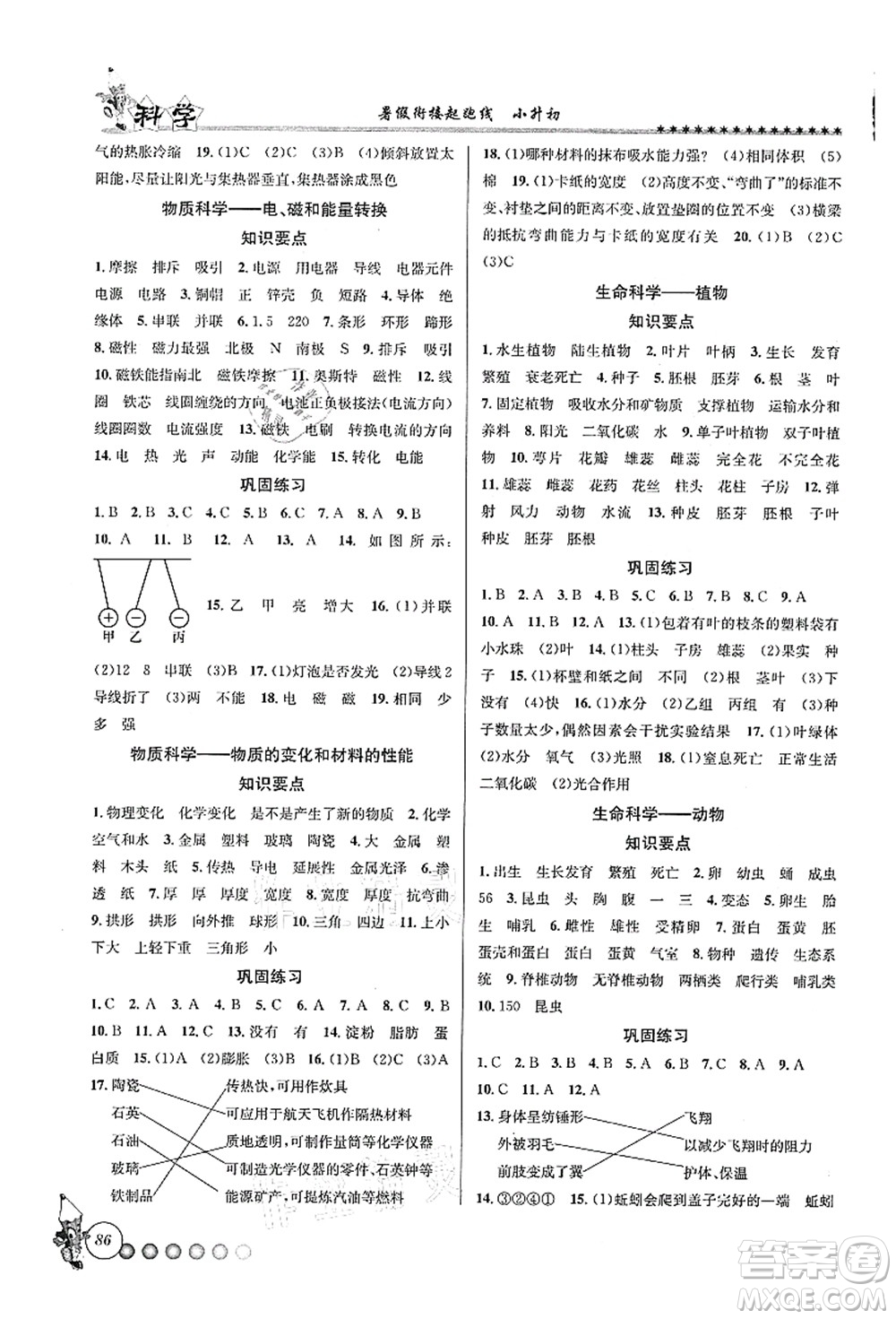 天津科學(xué)技術(shù)出版社2021暑假銜接起跑線小升初科學(xué)答案