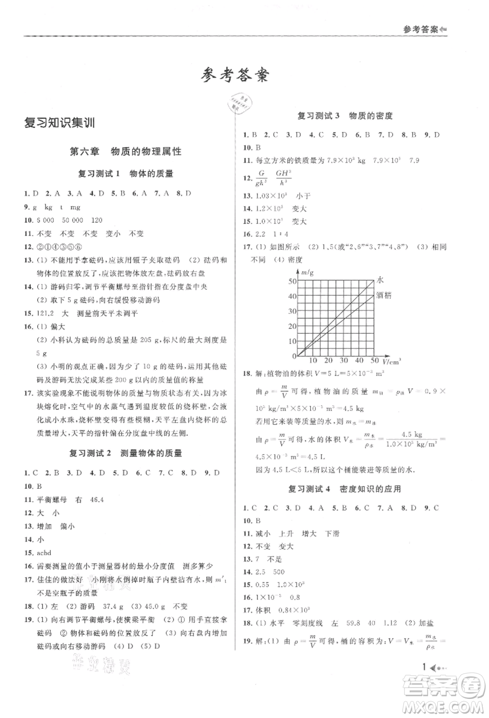 南京出版社2021暑期銜接培優(yōu)集訓(xùn)八年級(jí)物理蘇科版參考答案