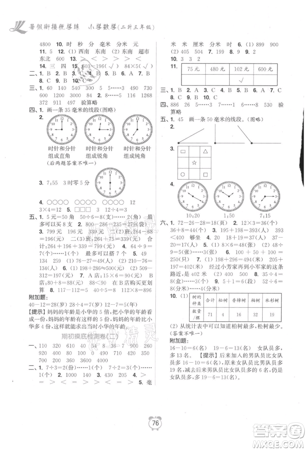 江蘇鳳凰美術(shù)出版社2021超能學(xué)典暑假銜接優(yōu)學(xué)練二年級數(shù)學(xué)江蘇版參考答案