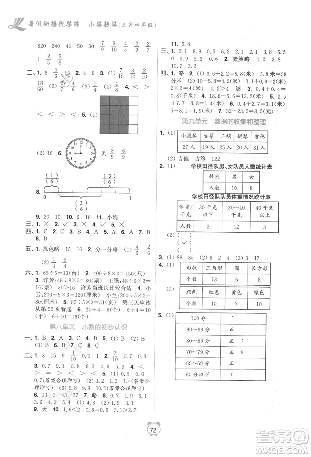 江蘇鳳凰美術出版社2021超能學典暑假銜接優(yōu)學練三年級數(shù)學江蘇版參考答案